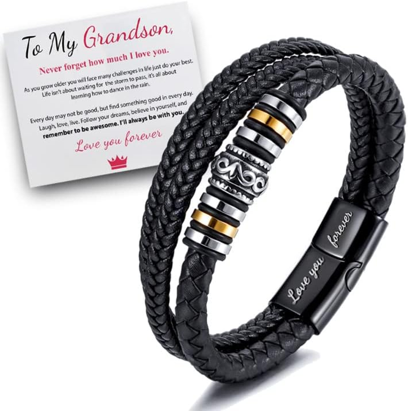 To My Son/To My Grandson - "I Will Always Be with You" Braided Leather Bracelet for Men, Stainless Steel Inspirational Wristband, Mens Braided Leather Bracelet Bangle Wristband (To Grandson) image number 5