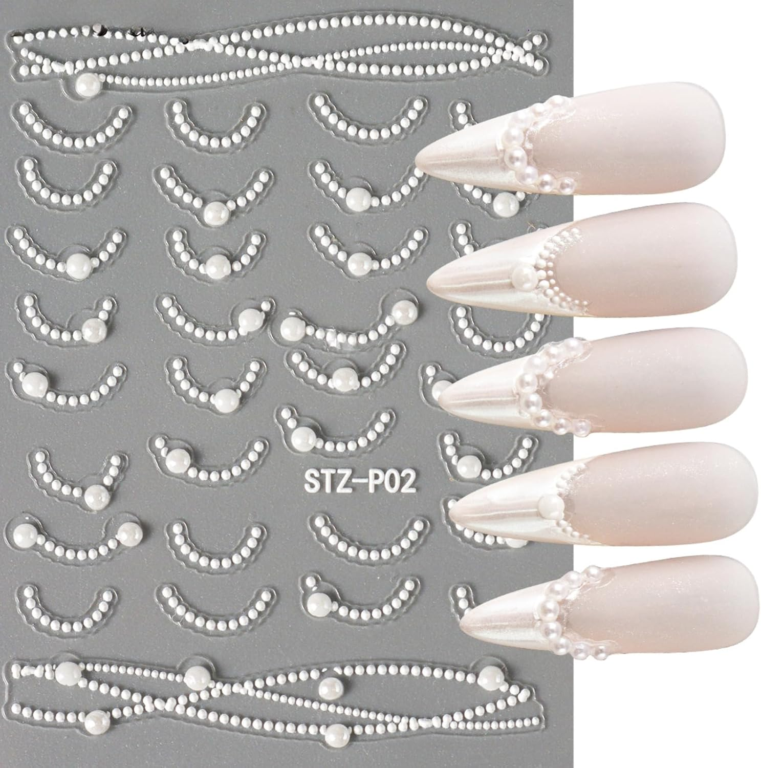 4 Sheets Pearl French Nail Art Stickers 3D Self-Adhesive Nail Decals Design, Wavy Line Heart Nail Decoration Holographic Elegant Chains Nail Sticker Manicure Tips Supplies Nail Decal (White)