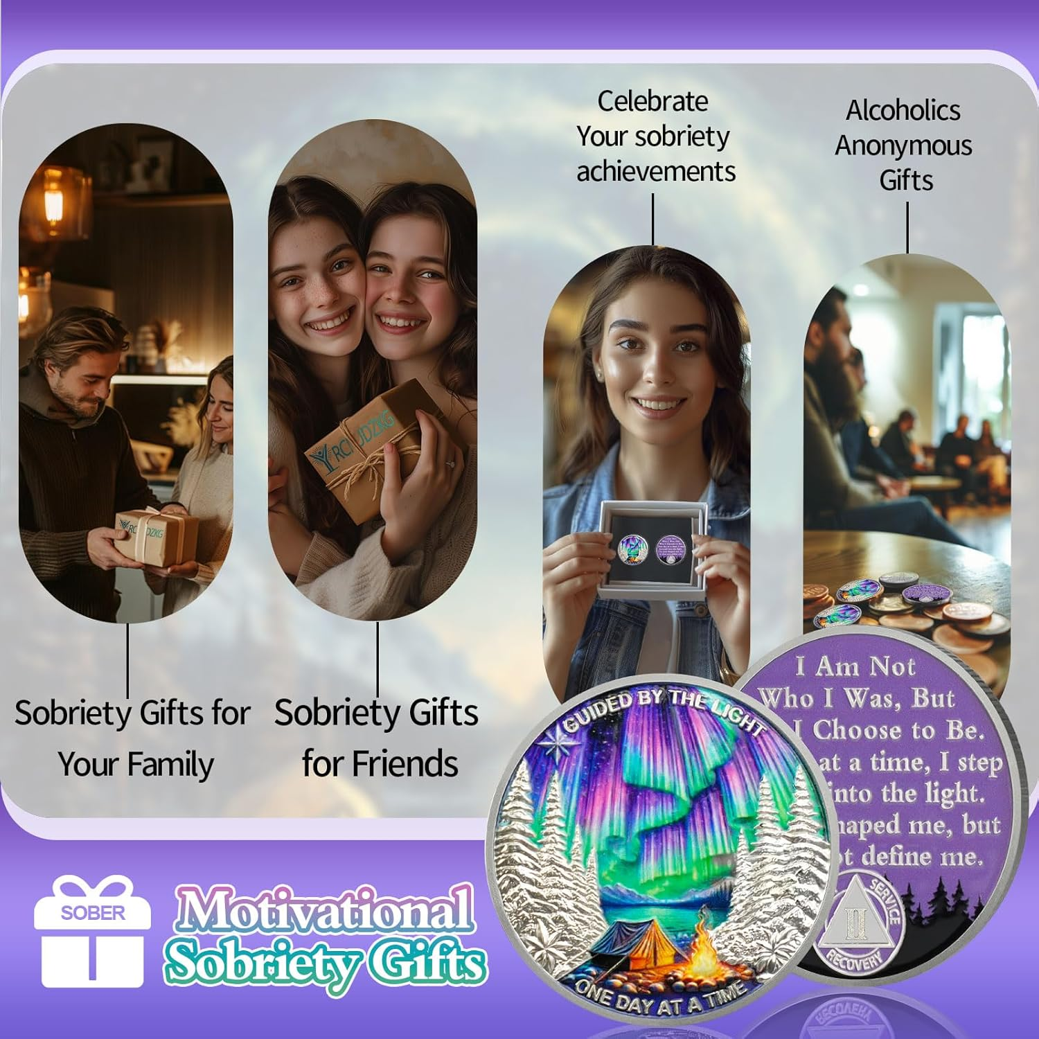 YRCKUDZKG Guided by Northern Lights 2 Year Sobriety Coin - One Day at a Time AA Coin, Alcohol Free Two Year Recovery Chip with Token Capsule, Sobriety Gifts for Men Women image number 3