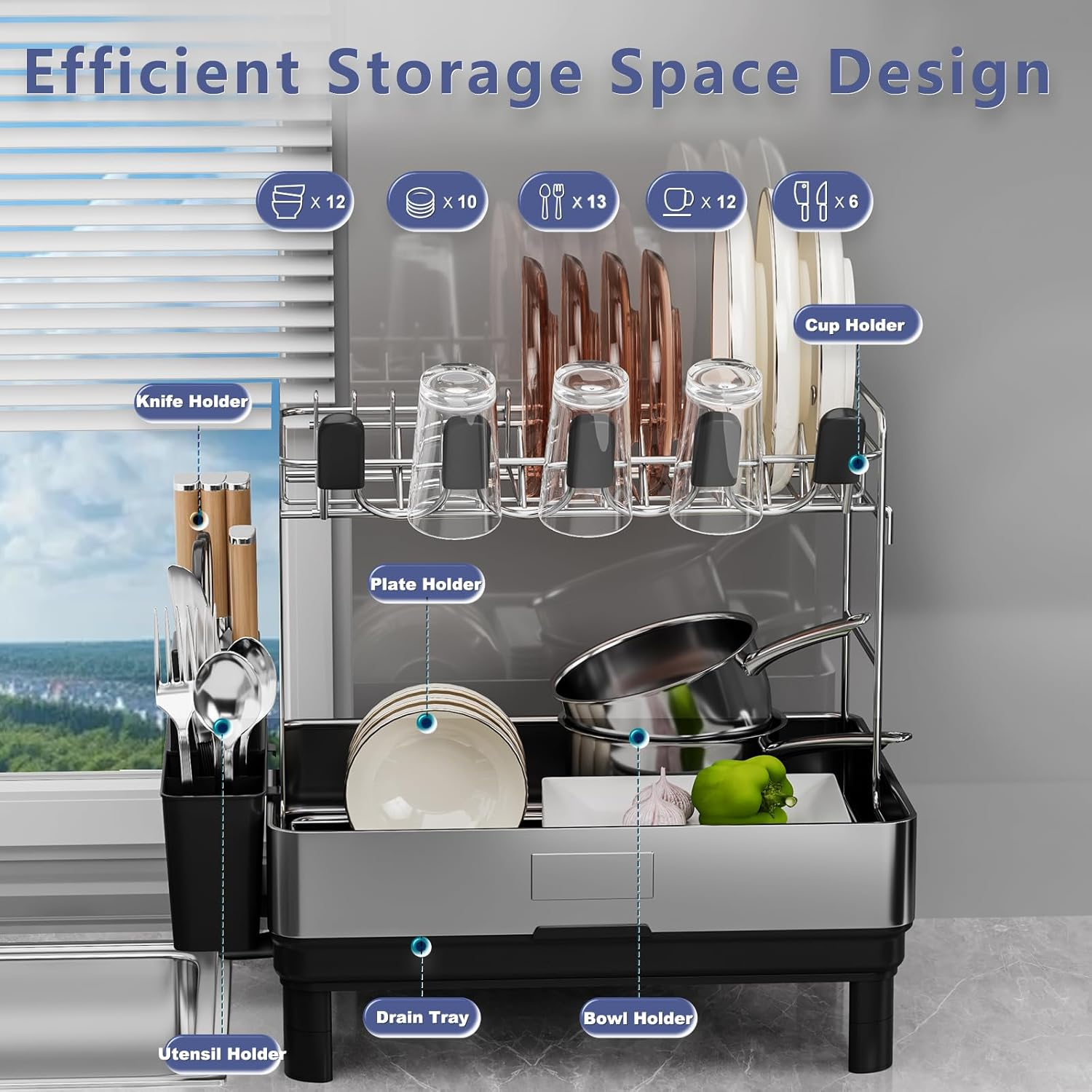 Sandream 2 Tier Dish Drying Rack, 304 Stainless Steel Dish Rack for Kitchen Counter, Large Dish Drainer with 360&deg;Rotatable Drain Spout & Utensil Holder & Cups Holder, Dish Rack with Draining Tray image number 2