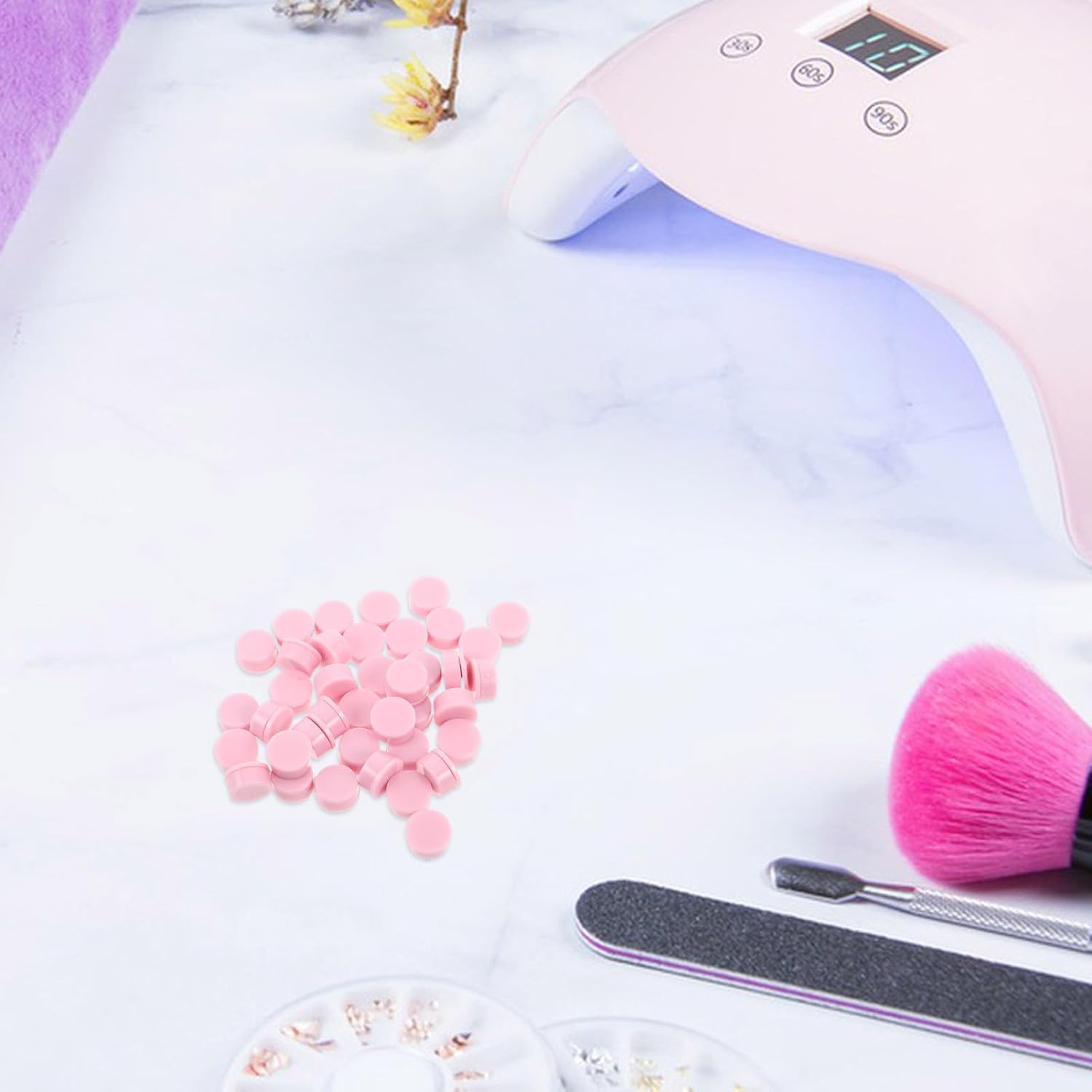 Healvian 40Pcs Spinning Nail Charm Bearings - Pink Plastic High-Speed Nail Art Rotating Shaft - 0.5X0.4 Inch Rotary Bearing for Fingernail Art Designs Crafting