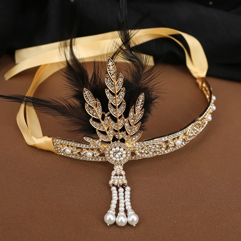 1920S Flapper Rhinestones Pearls Feather Headband Vintage Gatsby Headpiece Crystal Hair Headband for Party Festival Wedding Costume