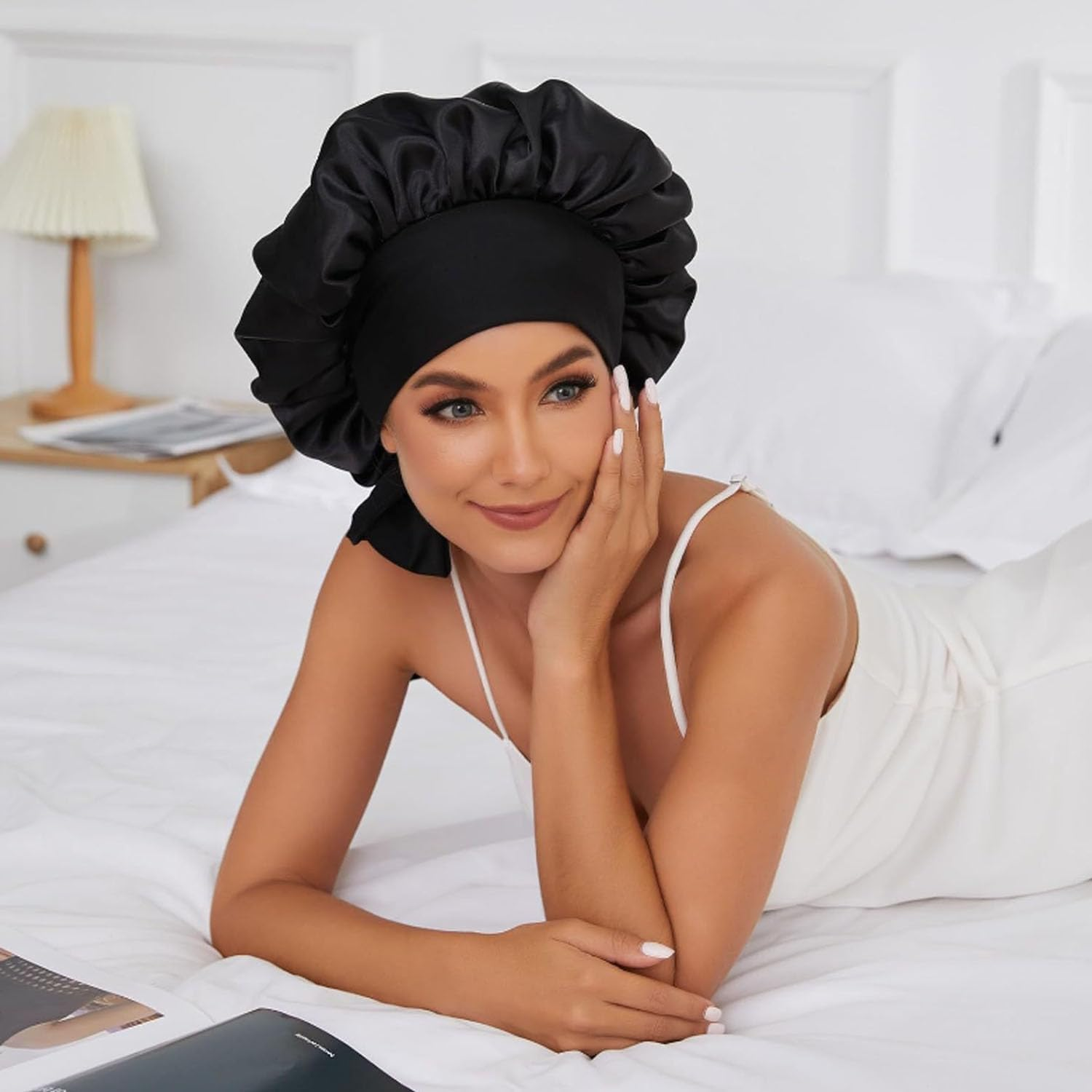 Black Large Satin Silk Bonnet for Sleeping Jumbo Sleep Cap, Double Layer Hair Bonnet with Tie Band,Wide Elastic Satin Shower Cap for Women image number 2