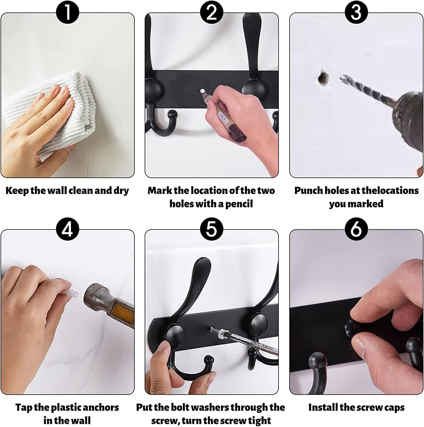 Coat Rack Wall Mounted Wall Hanger,5 Tri Hooks, Heavy Duty, Stainless Steel, Metal Coat Hook Rail for Coat Hat Towel Purse Robes Mudroom Bathroom Entryway(Matte Black,2 Packs) image number 3