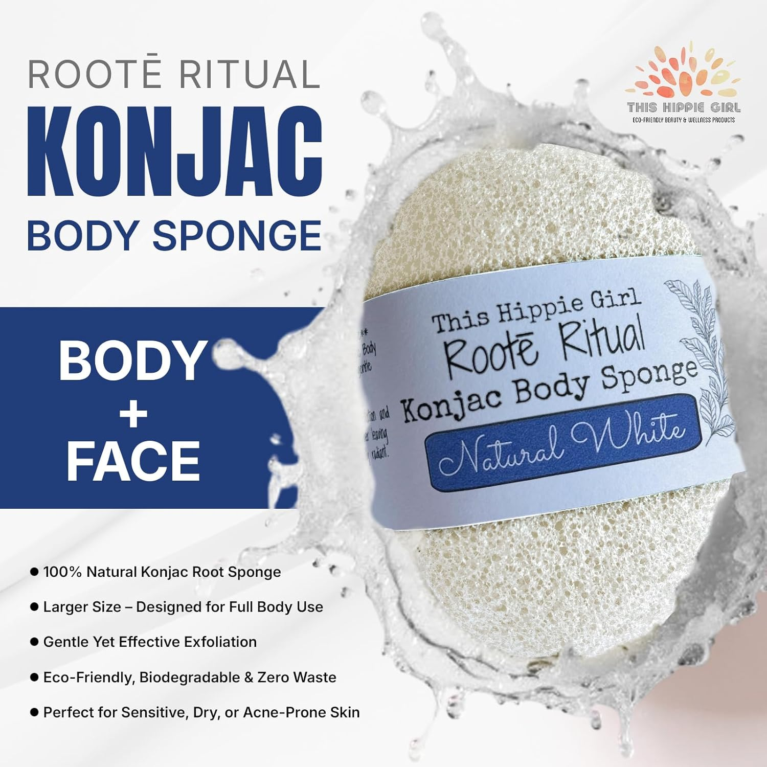 Roote Ritual Konjac Body Sponge &ndash; 100% Natural Exfoliating Shower Sponge for Sensitive Skin &ndash; Gently Deep Cleanses & Softens, Earth-Friendly, Biodegradable, Vegan &ndash; for Women, Men (Natural White) - Natural White image number 4