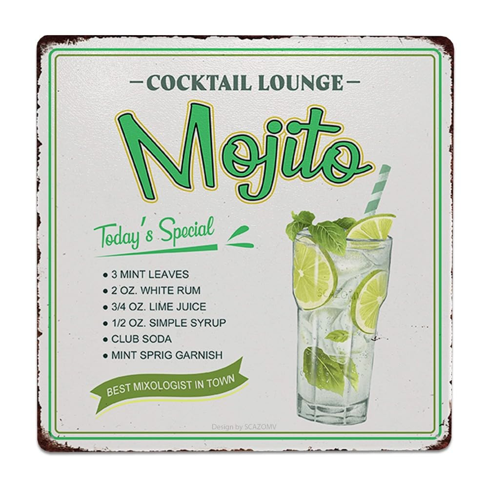 Cocktail Poster Vintage Metal Signs, Blue Lagoon Cocktail Recipes Tin Sign Decoration Bar Accessories Hanging Crafts Home Kitchen Pub Man Cave Wall Art Decor 8X8 Inch