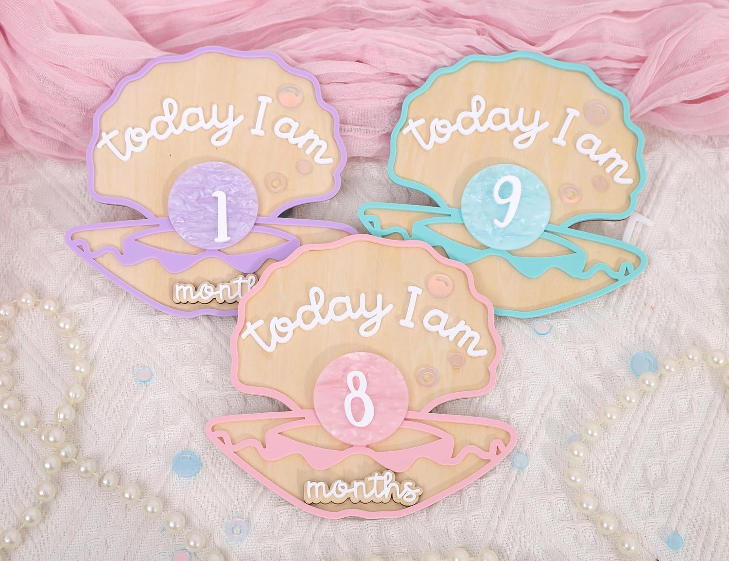 Wooden Mermaid Monthly Milestone Cards - Seashell Newborn Baby 1-12 Months Milestone Set, Baby'S First Year Set, Mermaid Nursery Decor (Green Seashell Monthly Card) image number 1