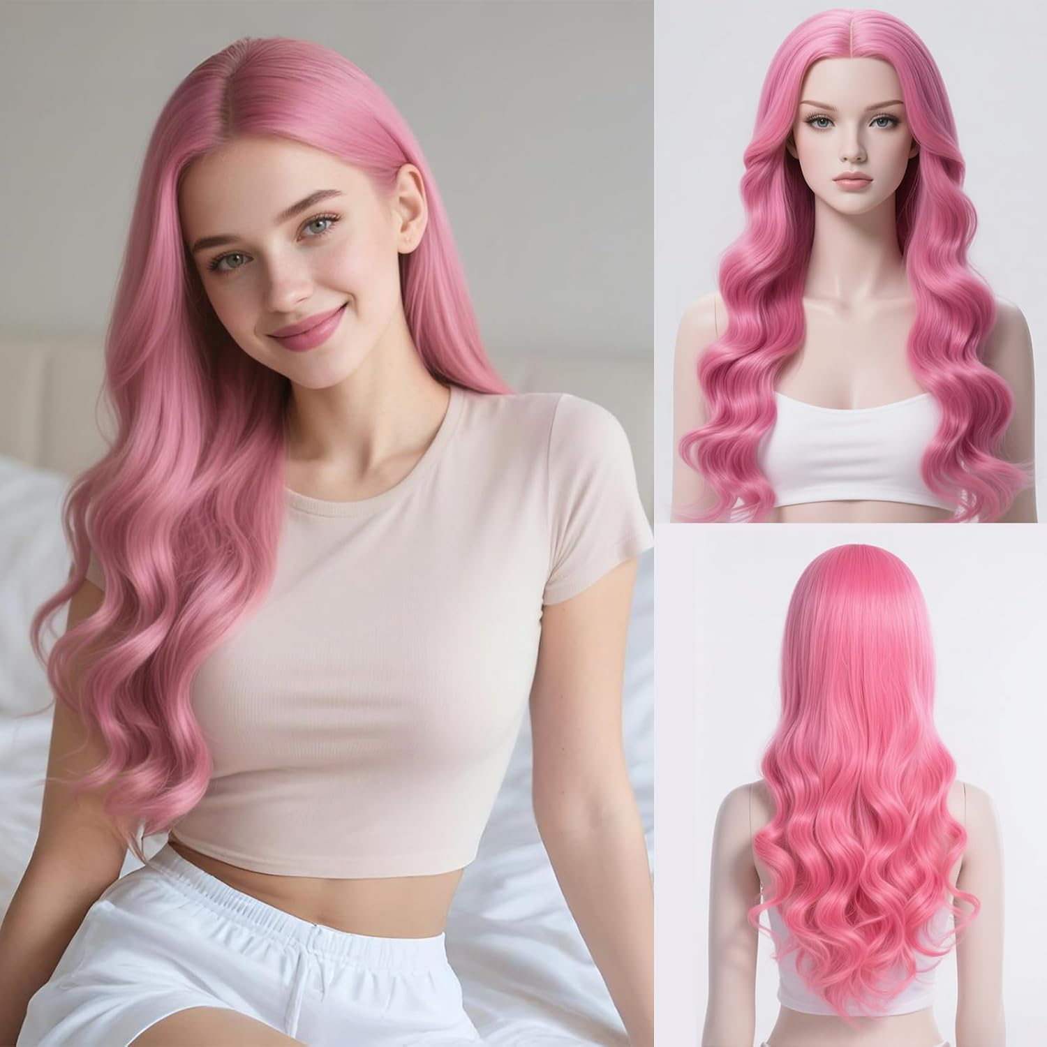 Xeelfaro Pink Wavy Long Wig for Women Full Head with Natural Curls & Soft Texture, Flowing 24Inch Wig for Special Occasions Style Statements (Pink, 24Inch)