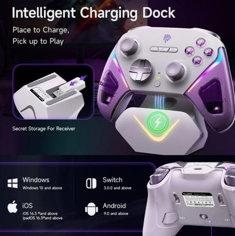 Easysmx D10 Game Controller - Enhanced Wireless Bluetooth Controller with Advanced TMR Sticks / 2-Way Trigger Lock/Intelligent Charging Dock/Mecha-Tactile Buttons - Multi-Platform Compatible (Purple) image number 6