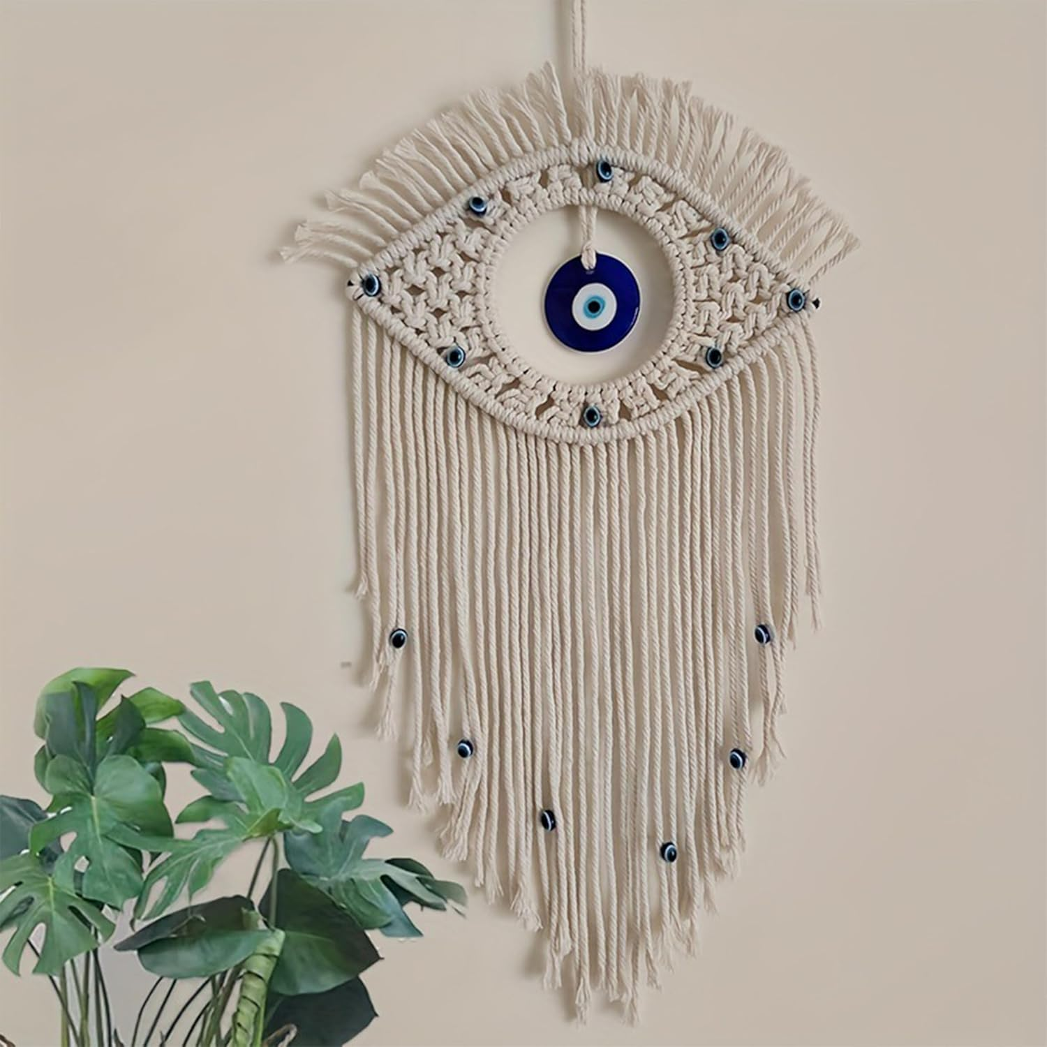 Bohemian Hand-Woven Blue & Evil Eye Wall Art|Artisan Macram&eacute; Bedroom/Dorm Decor|Protective Spiritual Hanging with Cotton Tassels|Boho Home Gift image number 3