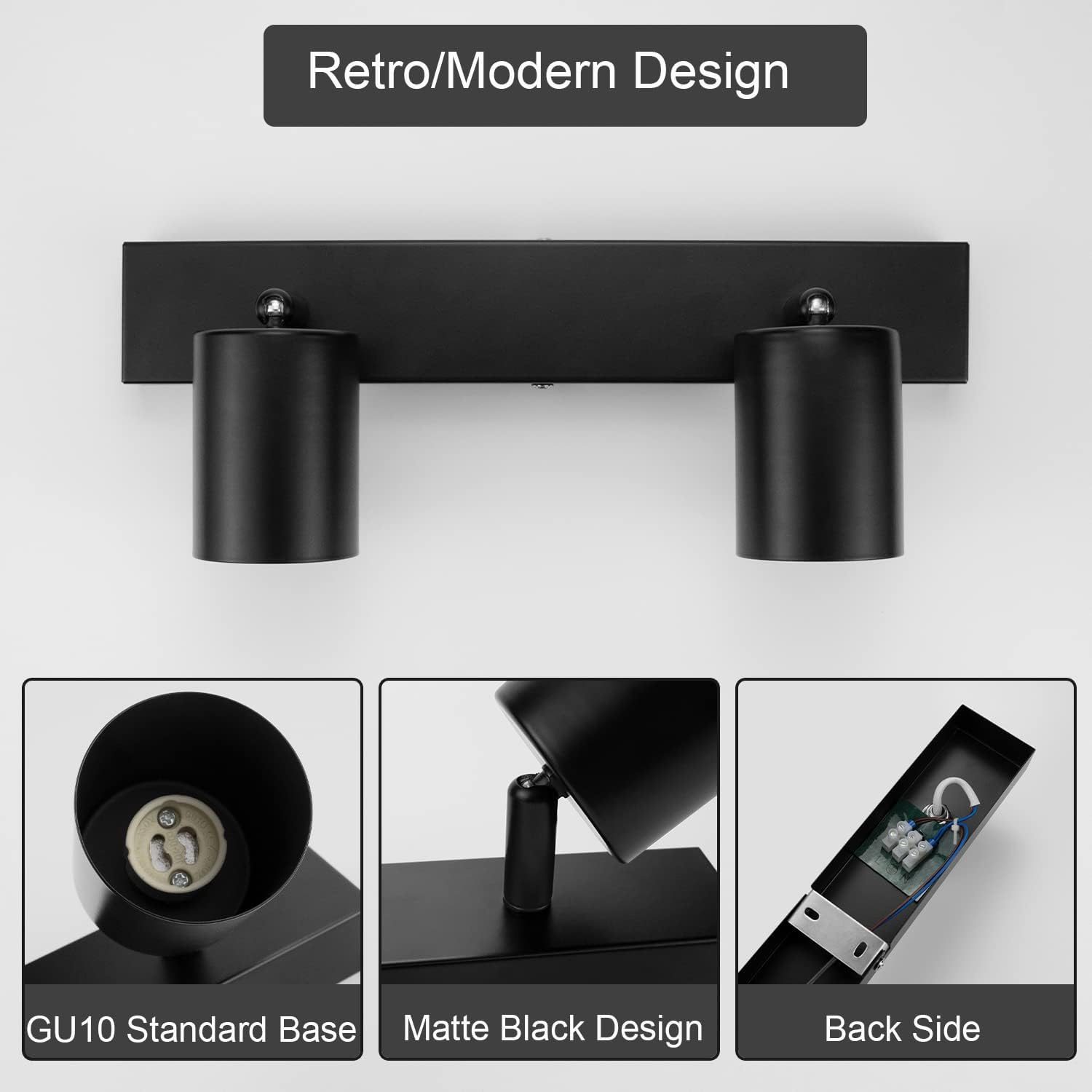 Dehobo Spotlight Rails and Rails, Double GU10 Modern Adjustable Ceiling Spotlights, Matt Black, without Bulbs, 2 Spotlights for Kitchen, Bedroom, Living Room, Hallway, Dining Room image number 2