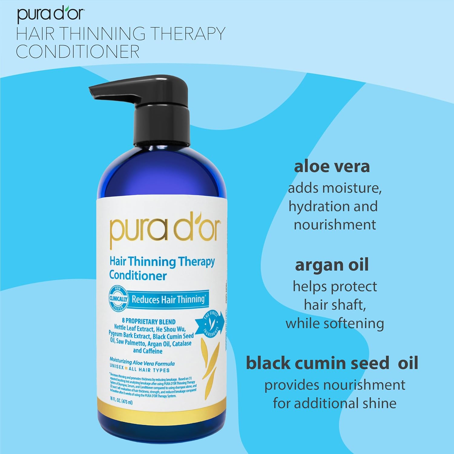 PURA D'OR 16 Oz Hair Thinning Therapy Biotin Conditioner, CLINICALLY TESTED Effective Results, Low Lather Deep Moisturizing Herbal DHT Blocker Hair Thickening Products for Women & Men, Color Safe image number 3