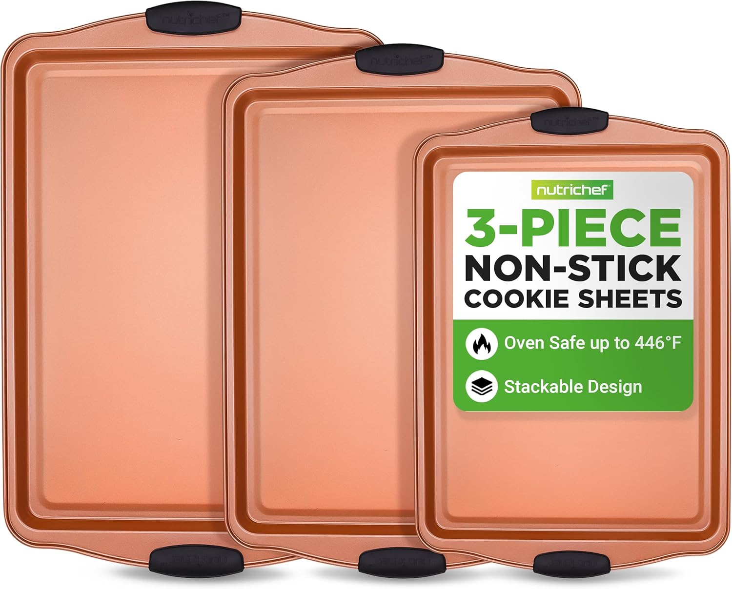 Nutrichef 3 Piece Baking Pan Set - PFOA, PFOS, PTFE Free Flexible Nonstick Carbon Steel Bakeware Set - Home Kitchen Bake Pan Cookie Sheet Stackable Baking Tray Set W/Black Silicone Handles image number 5