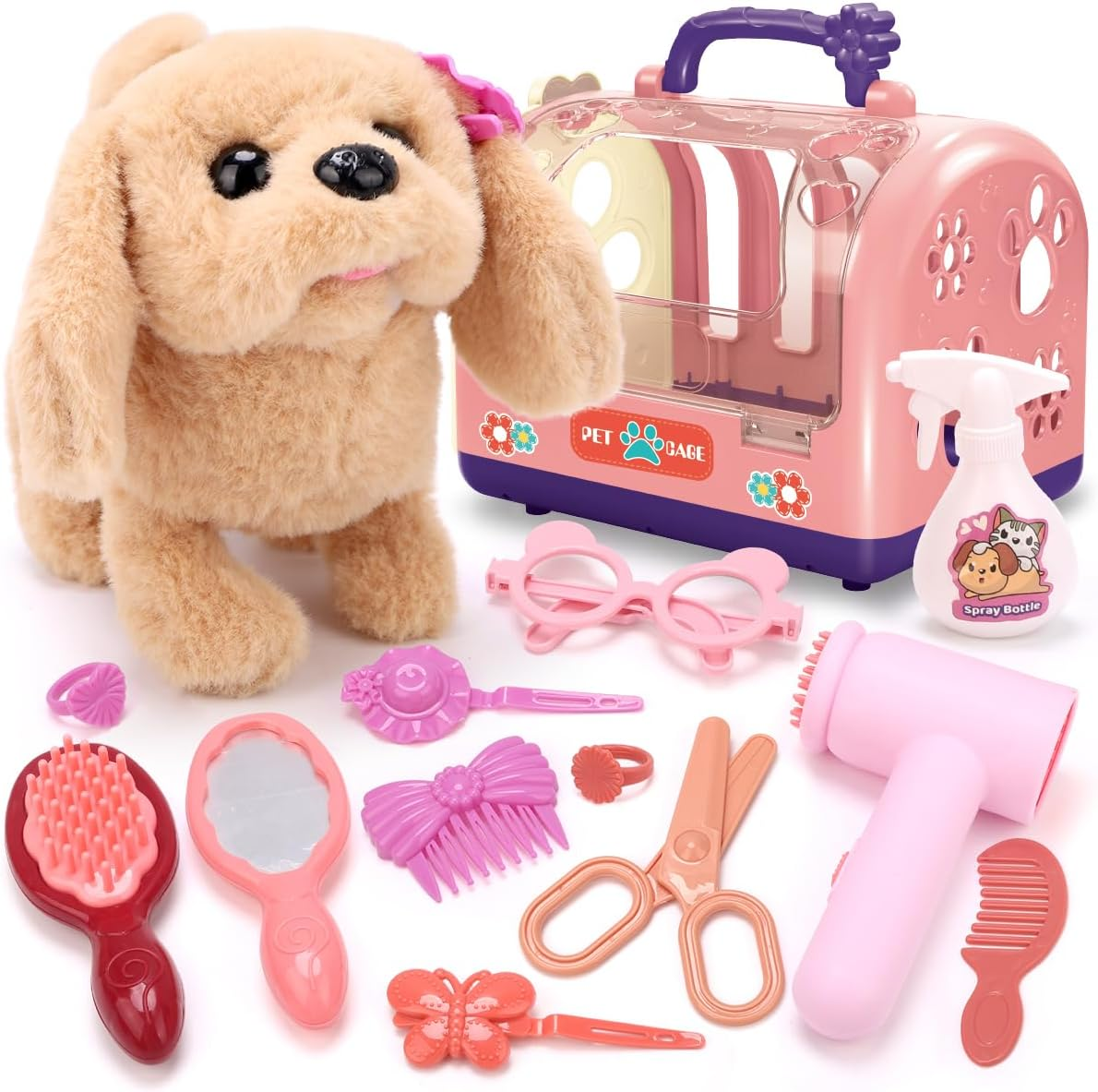 REMOKING 13PCS Dog Toys for Girls 3 4 5 6 Year Old,Walking Barking Electronic Interactive Stuffed Dog Plush with Carrier & Accessories Toys,Pretend Play Puppy Pet Care Playset, Birthday Gifts for Kids image number 1