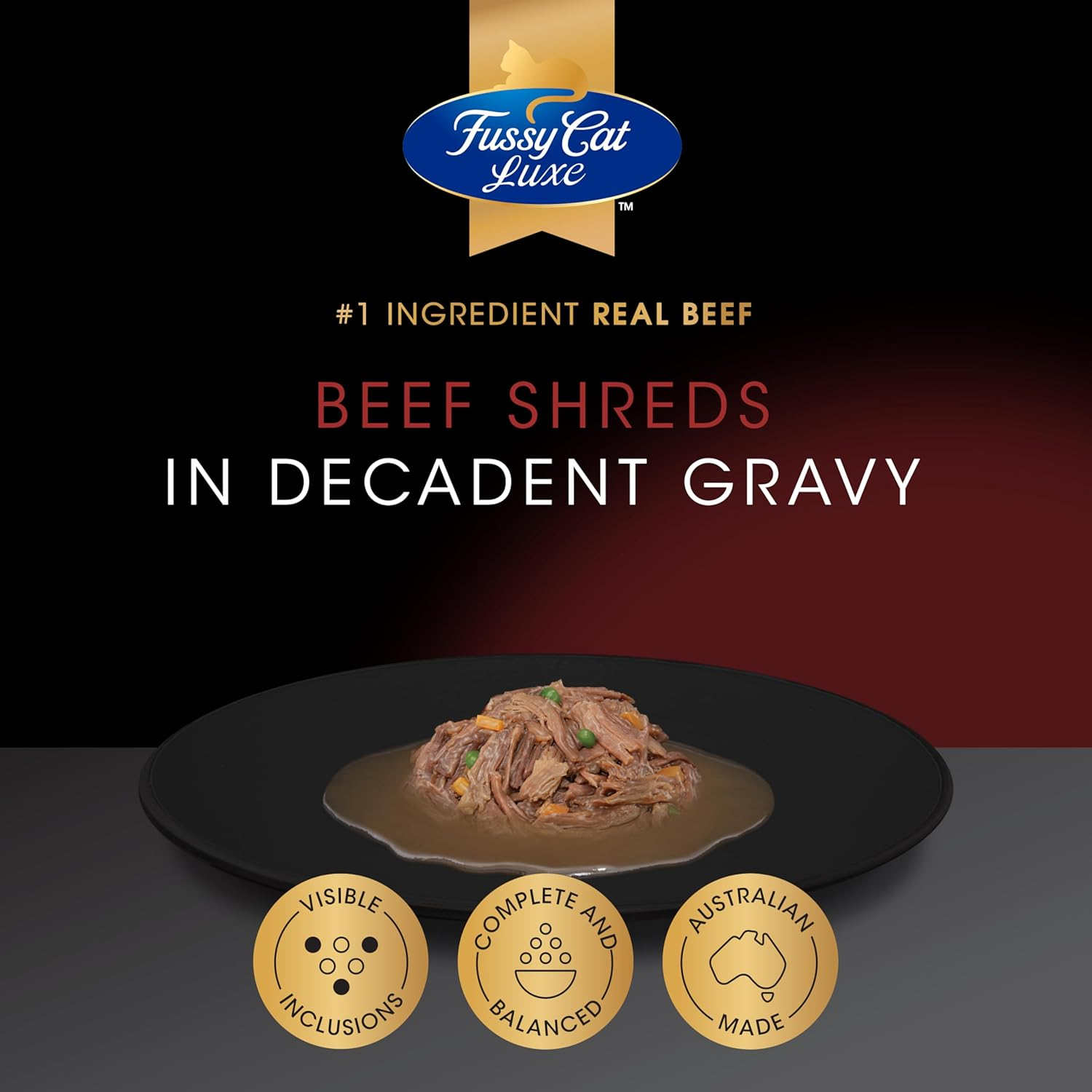 Fussy Cat Luxe Wet Dog Food, Beef Shreds Decadent Gravy 12X70G - Elevated Taste, Real Beef Shreds, Complete & Balanced, Australian Made Cat Food