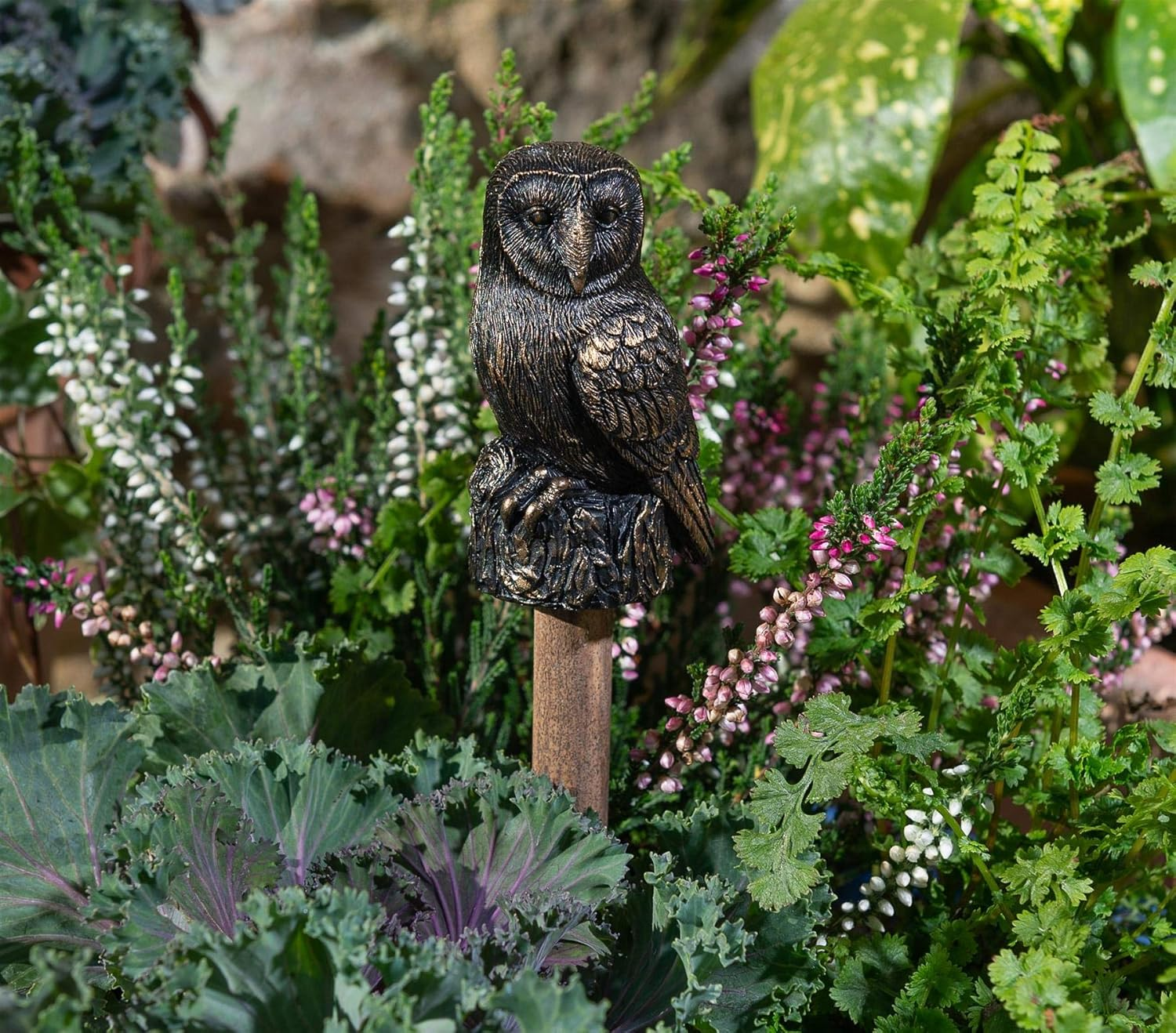 Jardinopia Garden Decor Antique Bronze Barn Owl Stake Topper image number 2