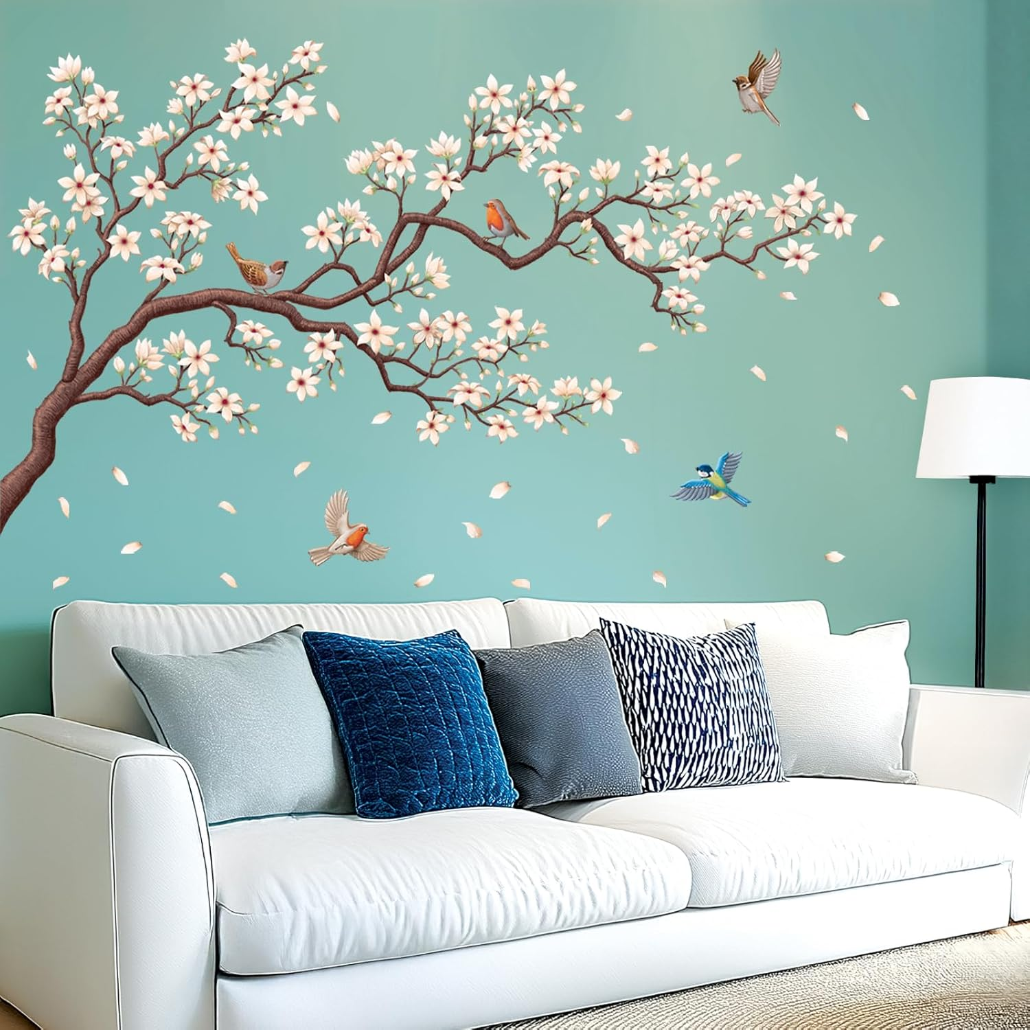 DECOWALL SG2-2424 White Cherry Blossom Branch Wall Stickers Removable Decals Nursery Bedroom Living Room Art Home DIY Decor Floral Birds Murals Colorful Oriental Decoration image number 1