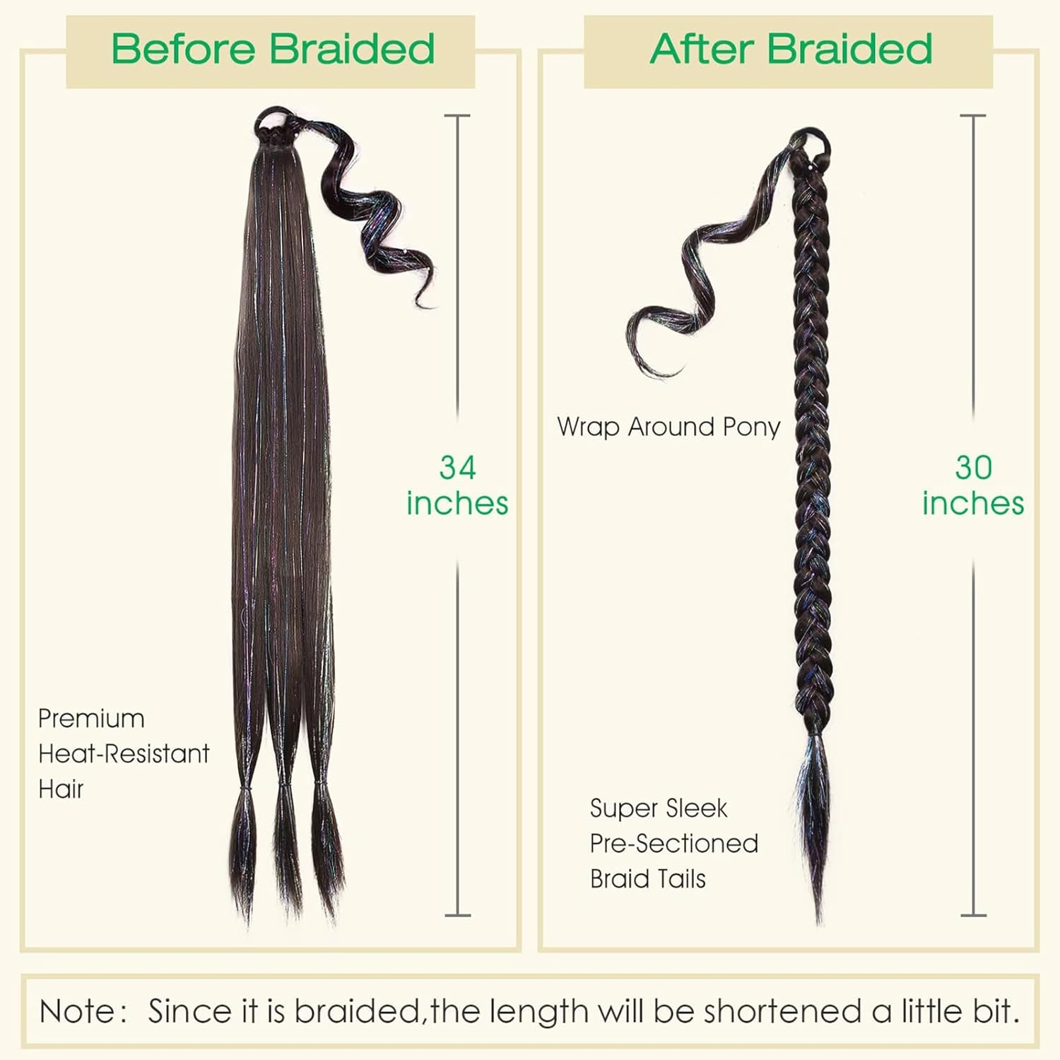 Braid Ponytail Extension with Glitter Hair Tinsel, 34" Long Straight DIY Braid Hair Extension with Hair Tie, Wrap around Hair Extensions Ponytail Natural Synthetic Hairpiece Black Brown image number 6