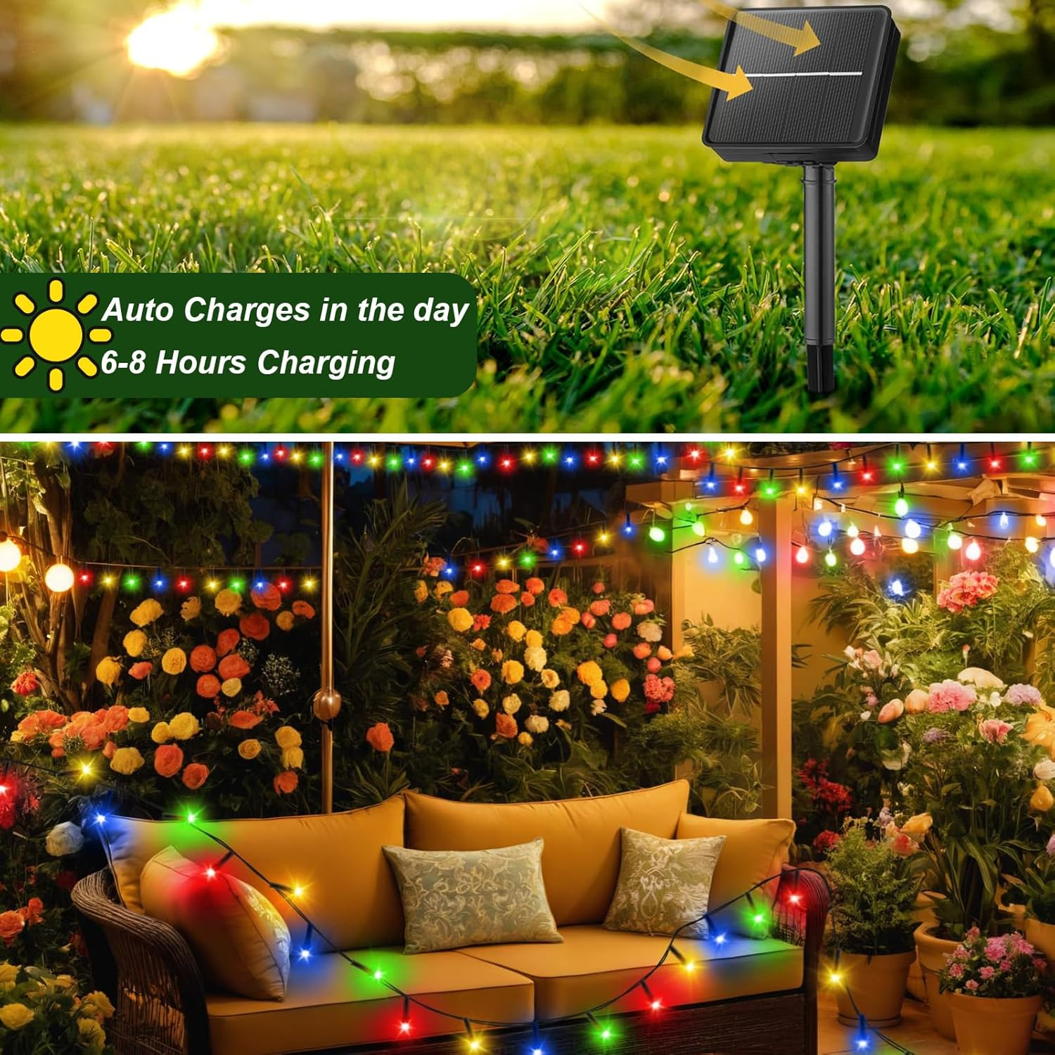 Solar String Lights for Outside, 2X12M 200 LED Christmas Solar String Lights with 8 Lighting Modes, Waterproof Solar Lights for outside Tree Party Decor (2 Packs Clourful) image number 5