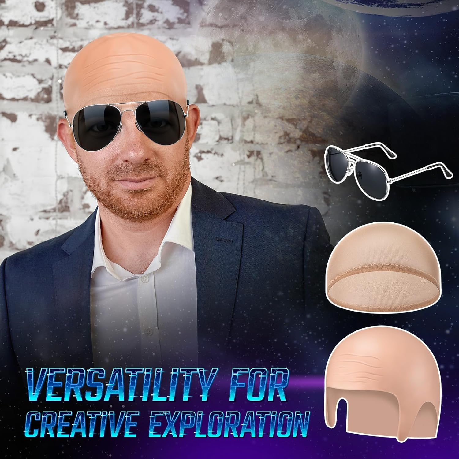 Mepase Bald Caps with Glasses for Adult Men Nylon Bald Head Wig Cap Can Be Cut for Halloween Music Festivals Concerts Cosplay
