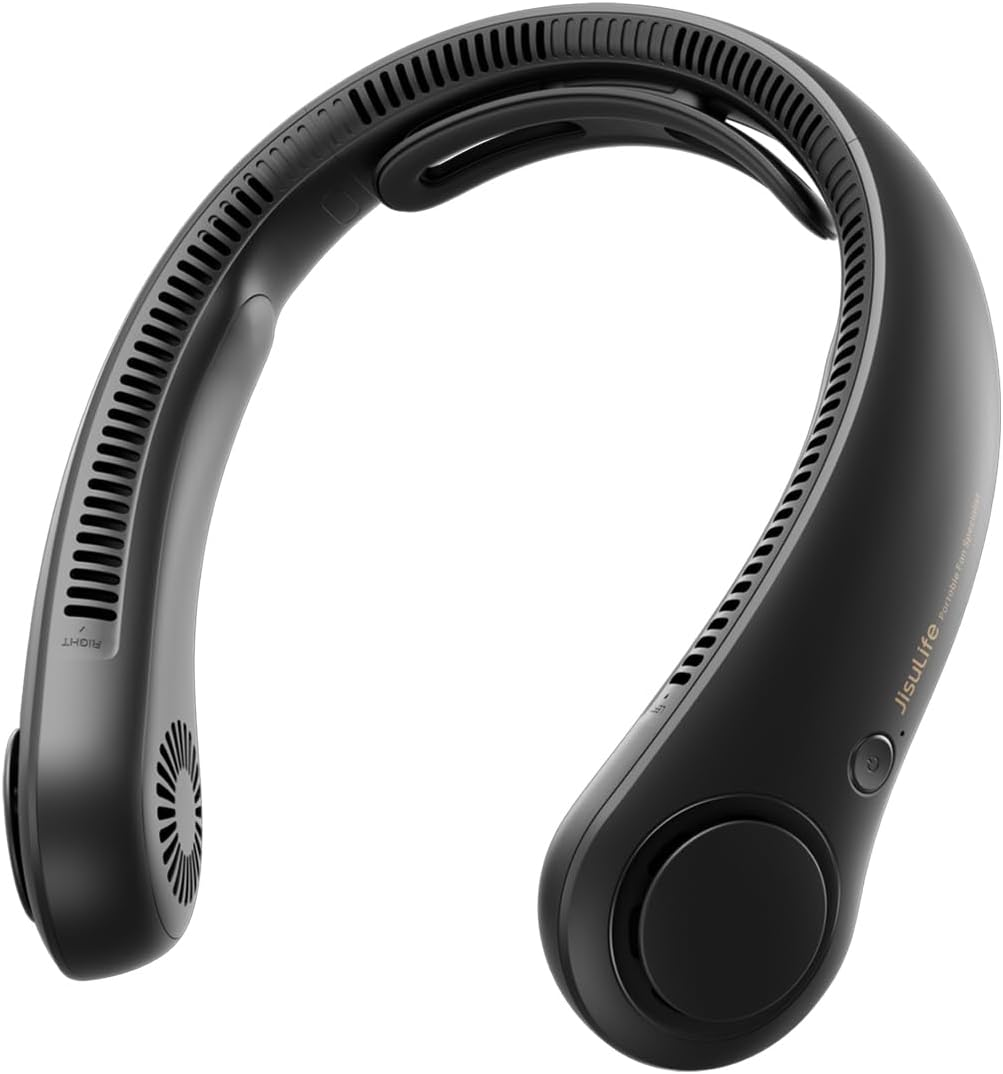 JISULIFE Portable Neck Fan Upgraded, Neckbrace Personal Hands Free, 5 Speed Gears Adjustment, 5000 Mah Wearable Bladeless Quiet Rechargeable for Outdoor Indoor, Gifts for Women Men- Black