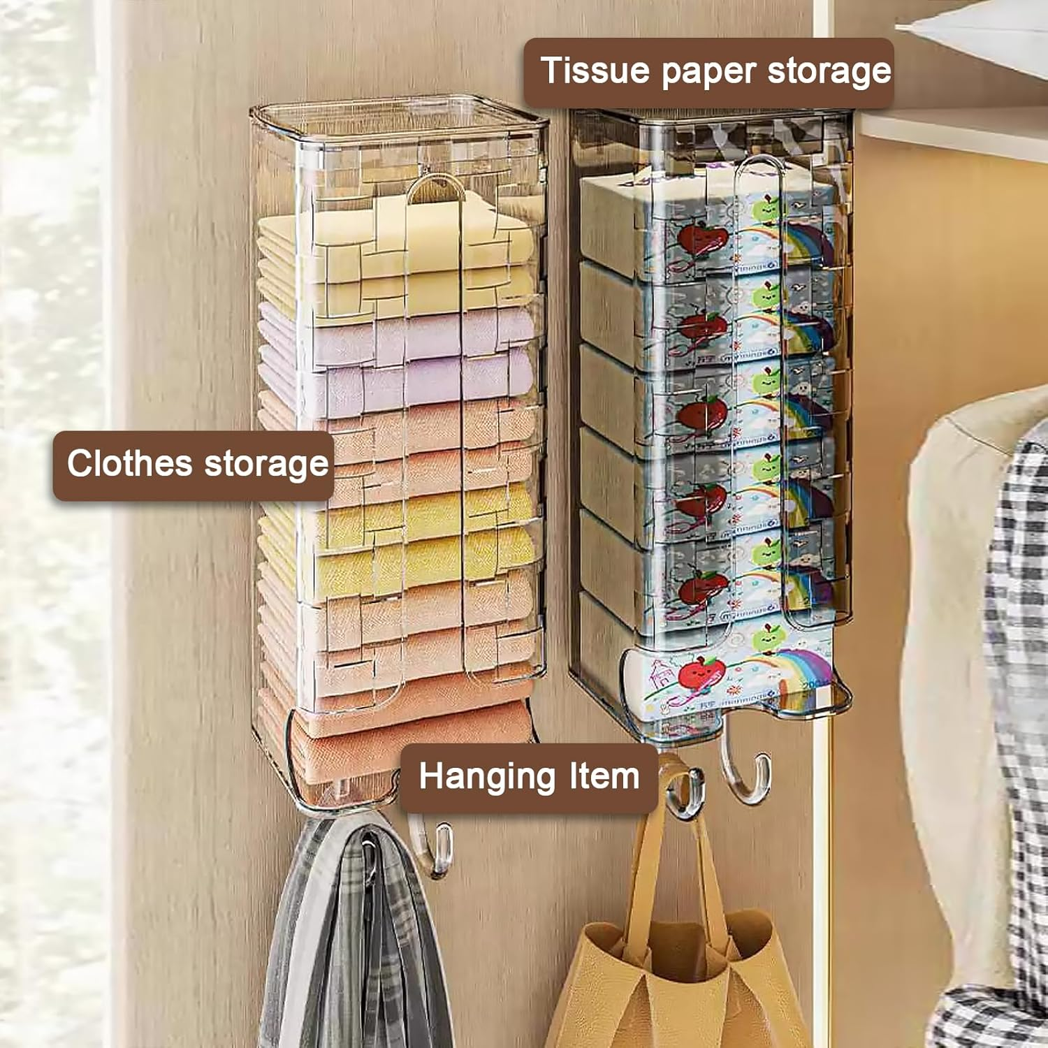 DIYJEP Pack of 2 Socks Underwear Hanging Organiser, Wardrobe Organiser for Hanging, Multifunctional Bin Bag Dispenser Storage Box with Lid for Clothes, Rubbish Bags, Paper Towels image number 3