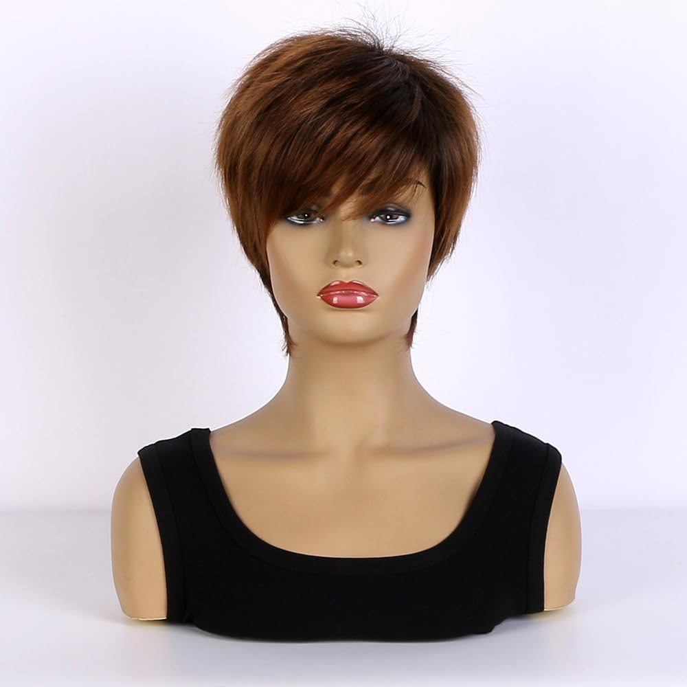 AUBWIG Short Pixie Cut Wigs Tiered Fluffy with Fringe Natural Straight Synthetic Short Hair Wigs Heat Resistant Full Wigs for Women (Brown) image number 1