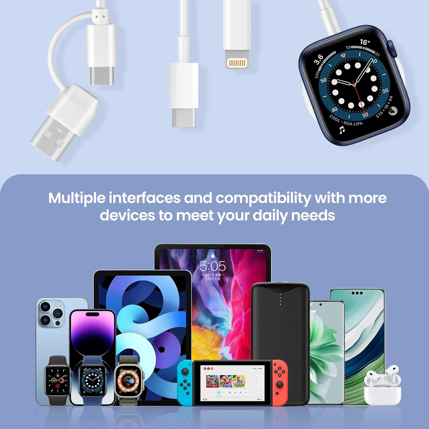 Nocelyn for 3 in 1 Apple Watch Charger, Fast Iwatch Charger for Iwatch Ultra/Se/10-1, Fast Multi Charging Cable to USB C/USB-A for Iphone & Android Phones image number 1