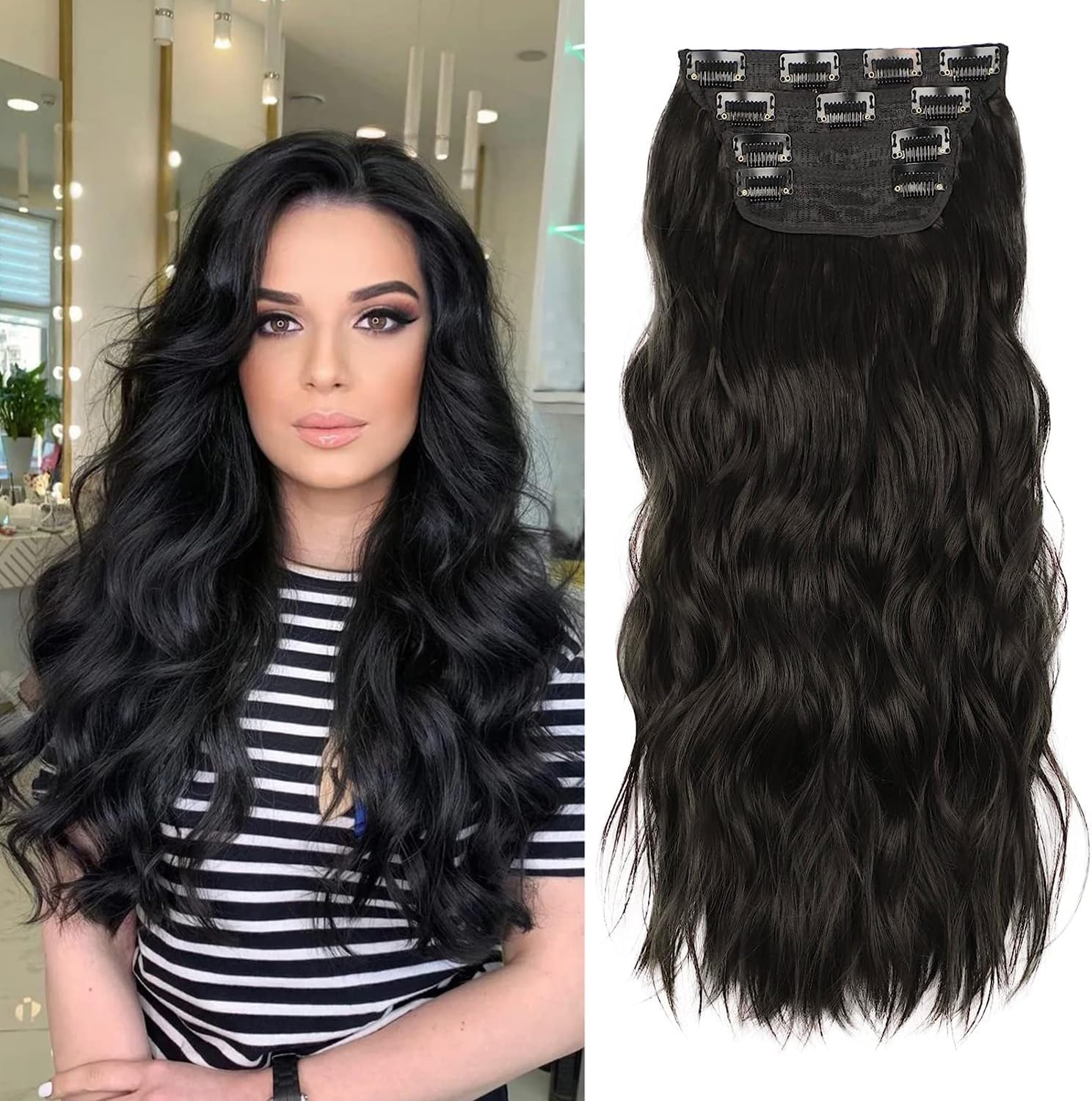 Clip in Hair Extensions, 24 Inches 4Pcs Long Wavy Soft Synthetic Curly Hair Extensions Clip Ins Weft Hairpieces for Women (Dark Brown)