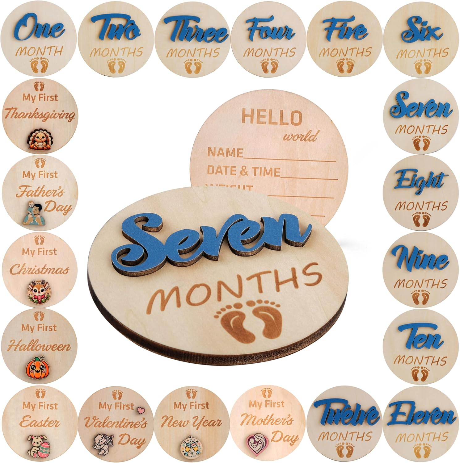 Monthly Baby Milestone Signs - Baby Monthly Milestone Wooden Circles for 1-12 Month Photos & Gender Neutral Announcement Cards (Flower)