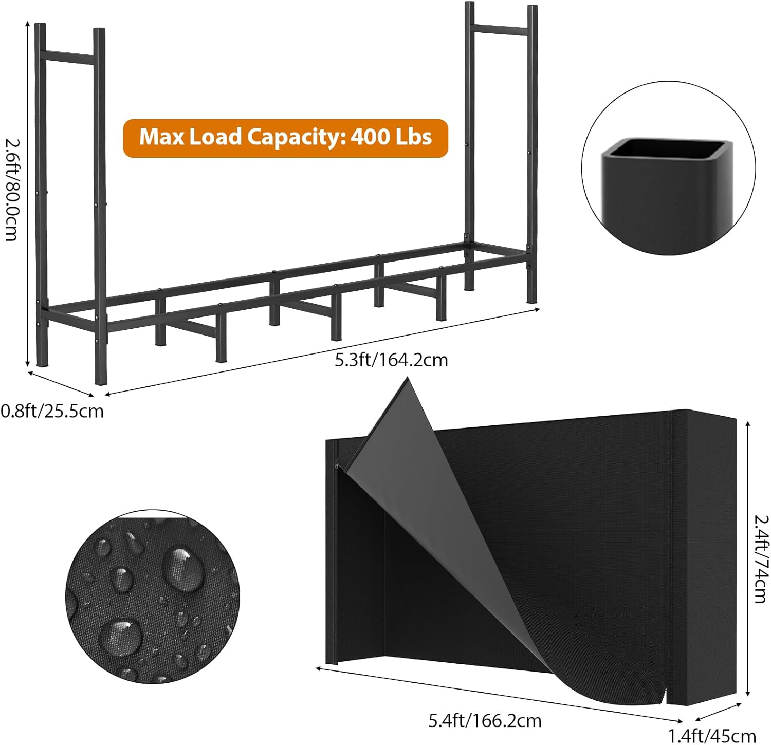 CADUKE Firewood Log Rack with Cover 5.3Ft Outdoor Waterproof Storage Fireplace Holder for Fire Wood Indoors Adjustable Heavy Duty Rack, Black 500D Oxford Fabric PVC Backing LT-K170 image number 6