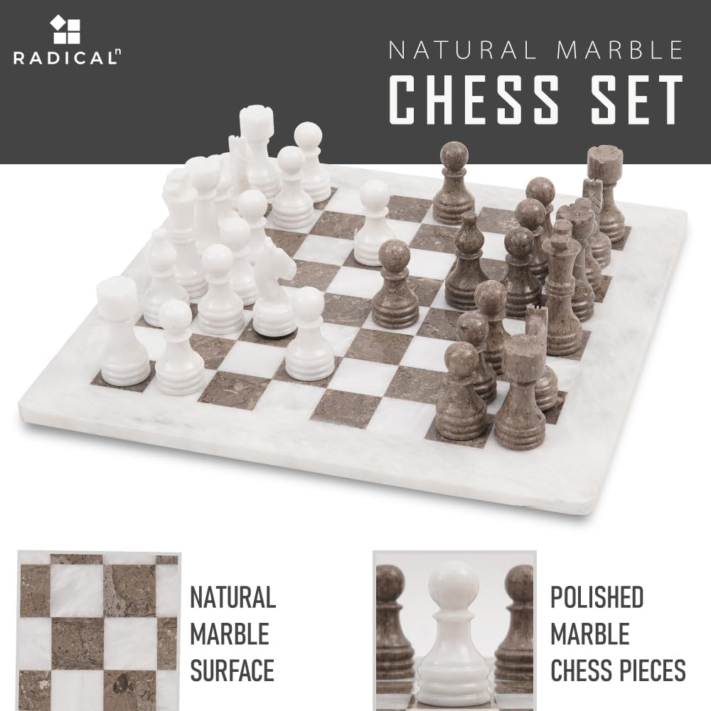 Radicaln 15 Inches Large Handmade White and Grey Oceanic Weighted Marble Full Chess Game Set for Adults Staunton and Ambassador Gift Style Tournament Chess Sets -Non Wooden -Non Glass -Not Backgammon image number 3