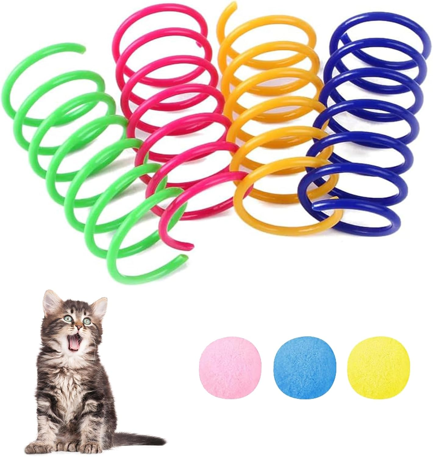 Plastic Spiral Springs, Colourful Spiral Springs, Pack of 4 Interactive Spiral Cat Toy, Cat Toy Spring, Cat Toy, Colourful Spiral, Colourful Spiral Cat with 3 Pompoms for Cats image number 1
