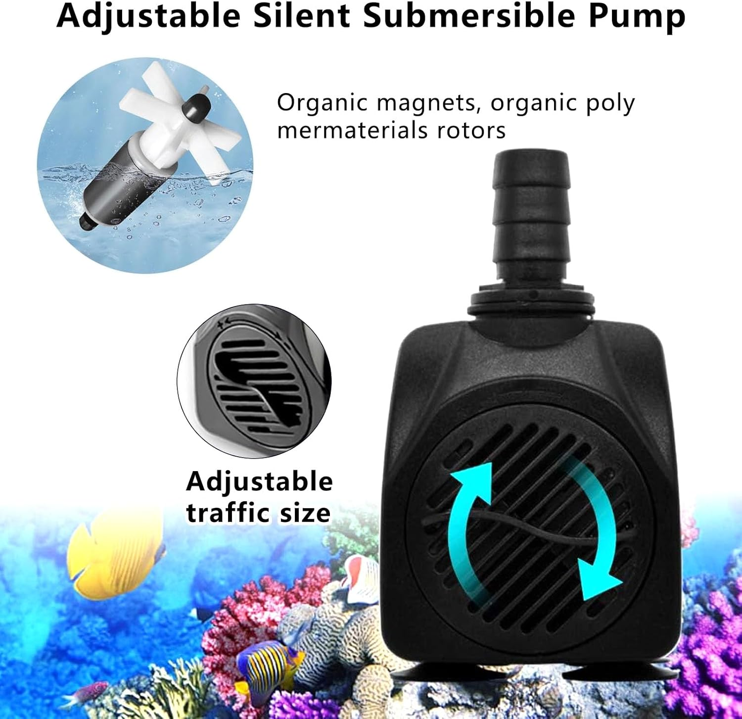 Submersible Pump, 800L/H 16W Aquarium Submersible Water Pump, Pond Pump, Ultra Quiet Adjustable Water Pump with 1.5M Power Cord for Garden Waterfall | Fish Tank | Fountain, with 2 Diameter Nozzles image number 1