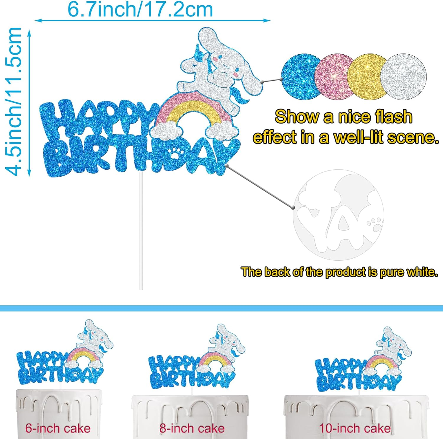 Blue Glitter Cartoon Birthday Cake Topping, Kids Birthday Cake Decoration (Blue)