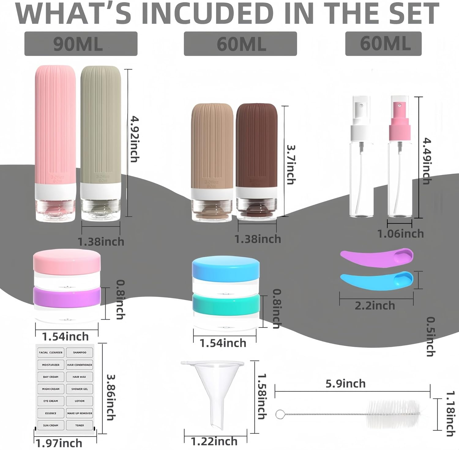 Longfng 19 Pack Travel Bottles Set, Silicone Toiletry Bottles, Sunscreen Applicator & Refillable Perfume Spray Bottles, TSA Approved, Leak Proof Travel Accessories for Shampoo, Lotion, Perfume image number 6