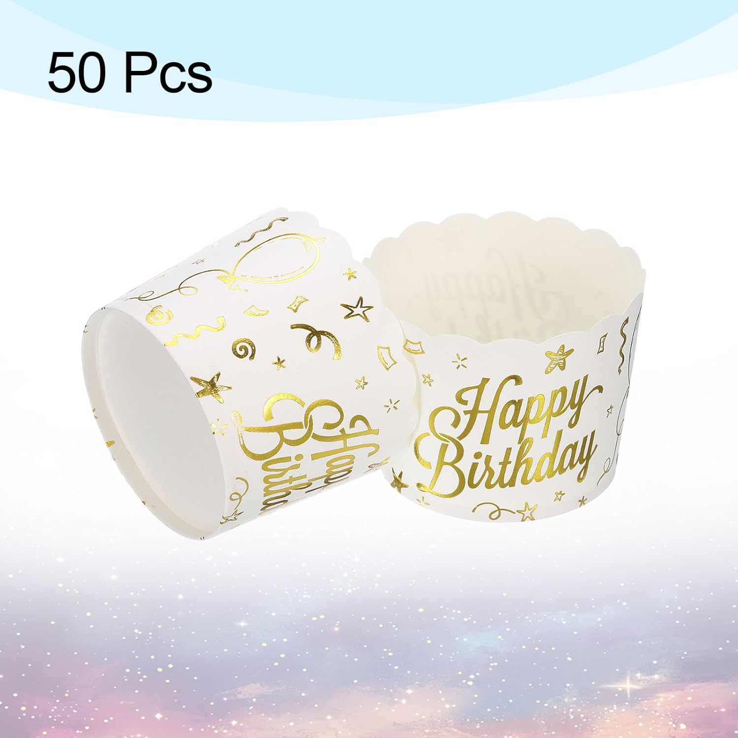 HARFINGTON 50Pcs Paper Baking Cups 6Oz Cupcake Wrappers Scalloped Muffins Cases Liners Disposable Greaseproof Containers for Birthday Party, Birthday Pattern image number 2
