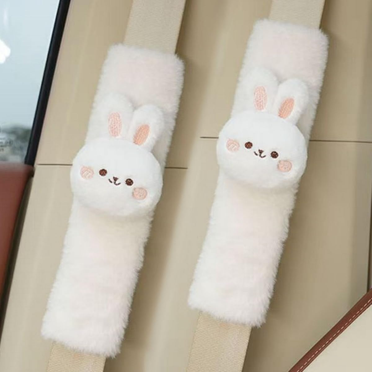 2 PCS Seat Belt Cover Pad, Cute Kawaii Animal Bunny Seatbelt Covers for Kids and Adults, Winter Plush Fluffy Soft Seat Belt Cover, Cartoon Seatbelt Cushion,Car Seat Strap Pads image number 1