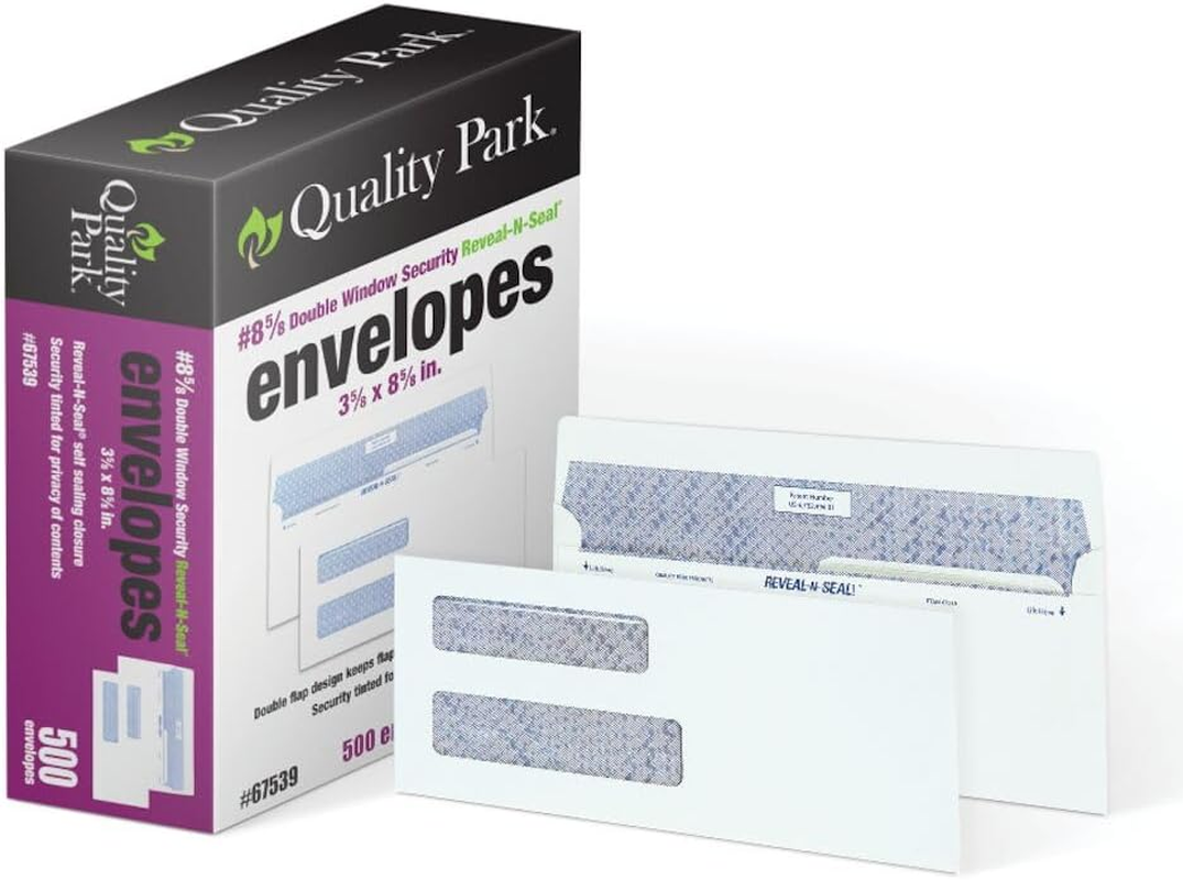 Quality Park #8 5/8 Double-Window Security Envelopes, Self-Sealing, Tamper Evident, for Checks, Payroll, 24 Lb White Wove, 3-5/8 X 8-5/8 Inches, 500/Box (QUA67539) image number 6