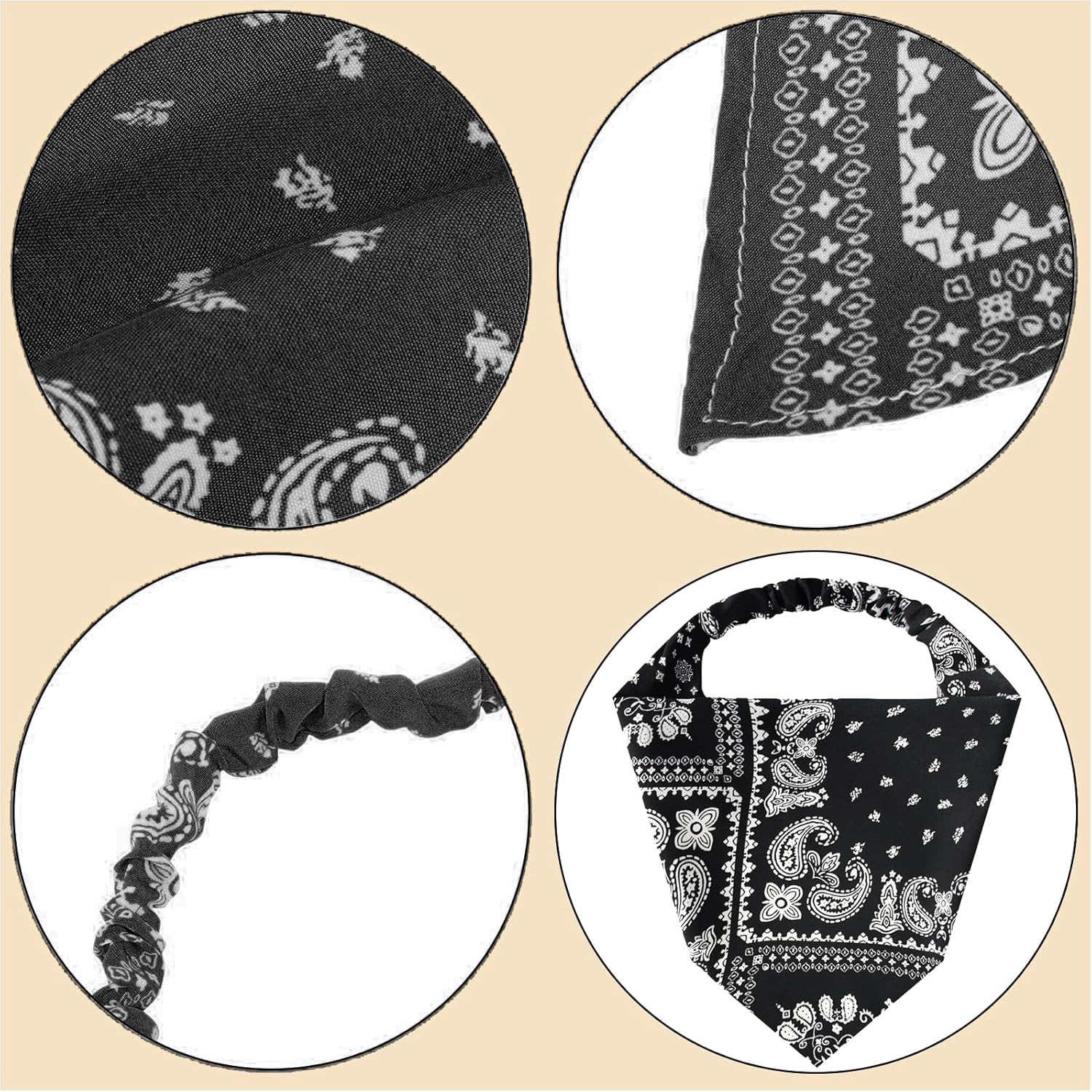 Kzvsiy 2-Pack Boho Head Kerchiefs, Elastic Hair Scarf Headbands, Paisley & Floral Chiffon Triangle Bandanas, Adjustable Turban Headwraps, Floral Hair Scarves for Women & Girls (Claret, Black) image number 3