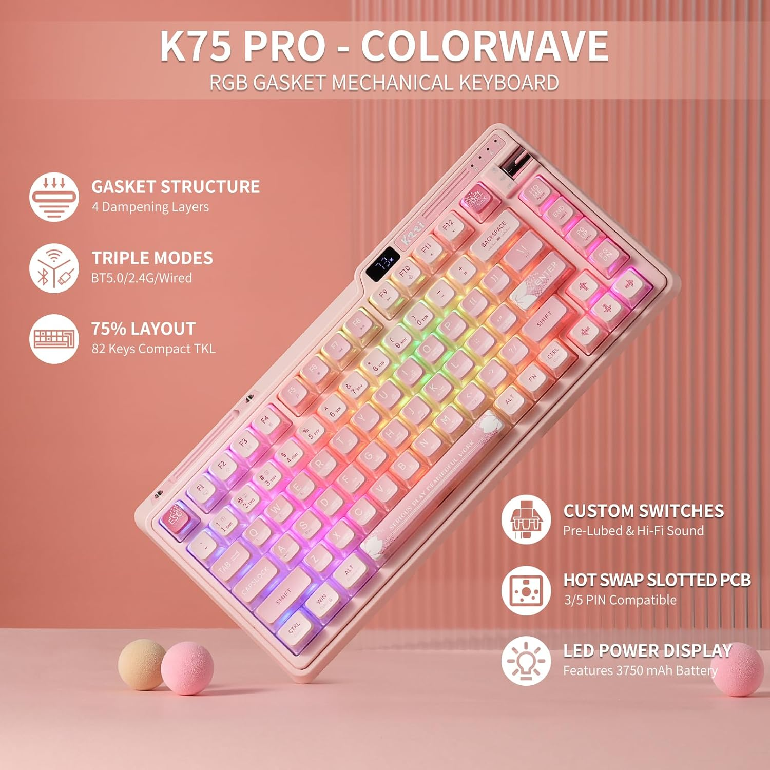 KZZI K75 PRO RGB 75% Wireless Gasket Mechanical Keyboard, Triple Mode BT 5.0/2.4G/USB-C 82 Keys Hot Swappable Gaming Keyboard W/Knob & Power Display, Custom Linear Switches, Sakura Pink image number 2