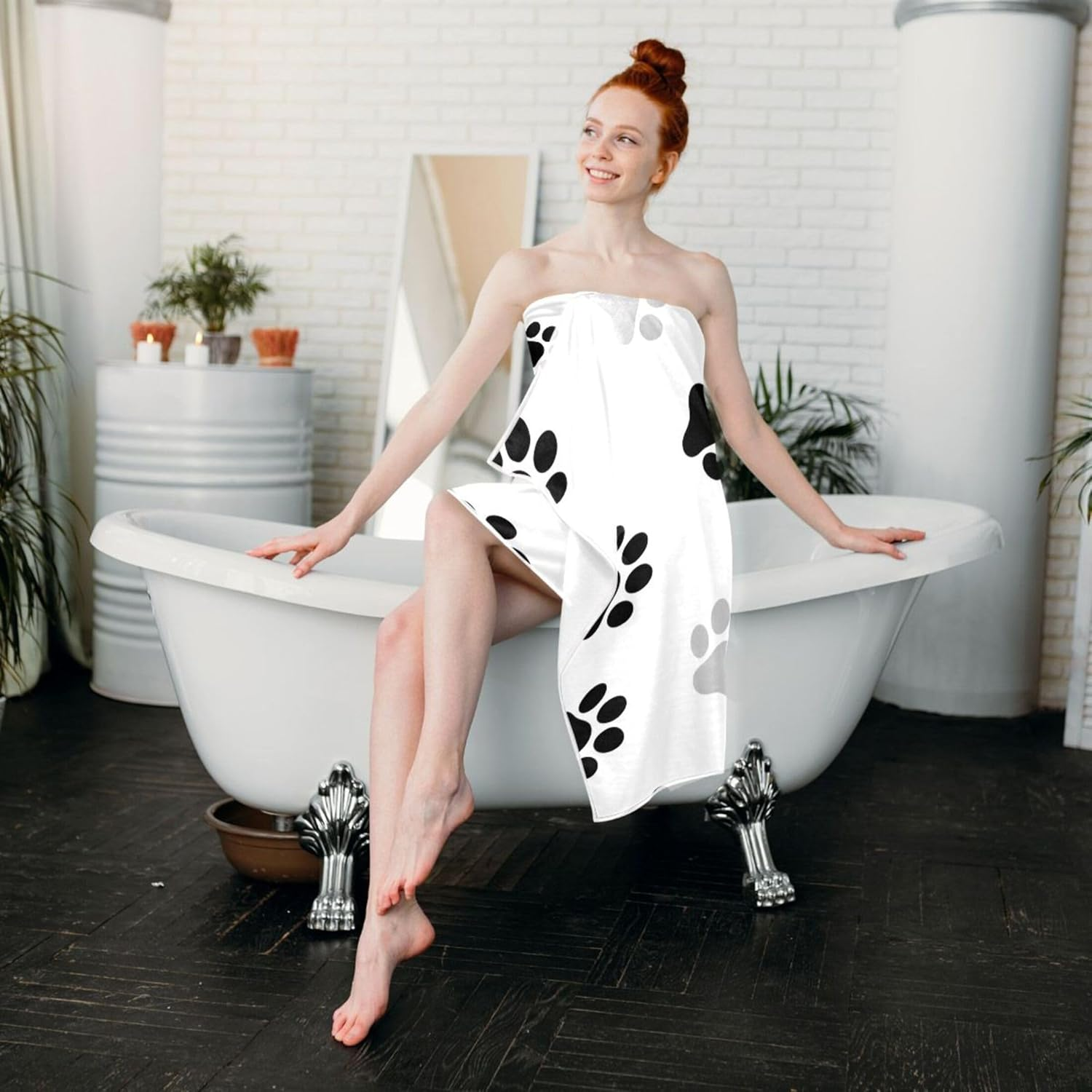 Black Gray Dog Paw White Decorative Bath Sheets Extra Large 64 X 32 Inch, Gym Body Towels for Bathroom Shower Swim Adults Travel Beach Towel Quick Dry image number 2