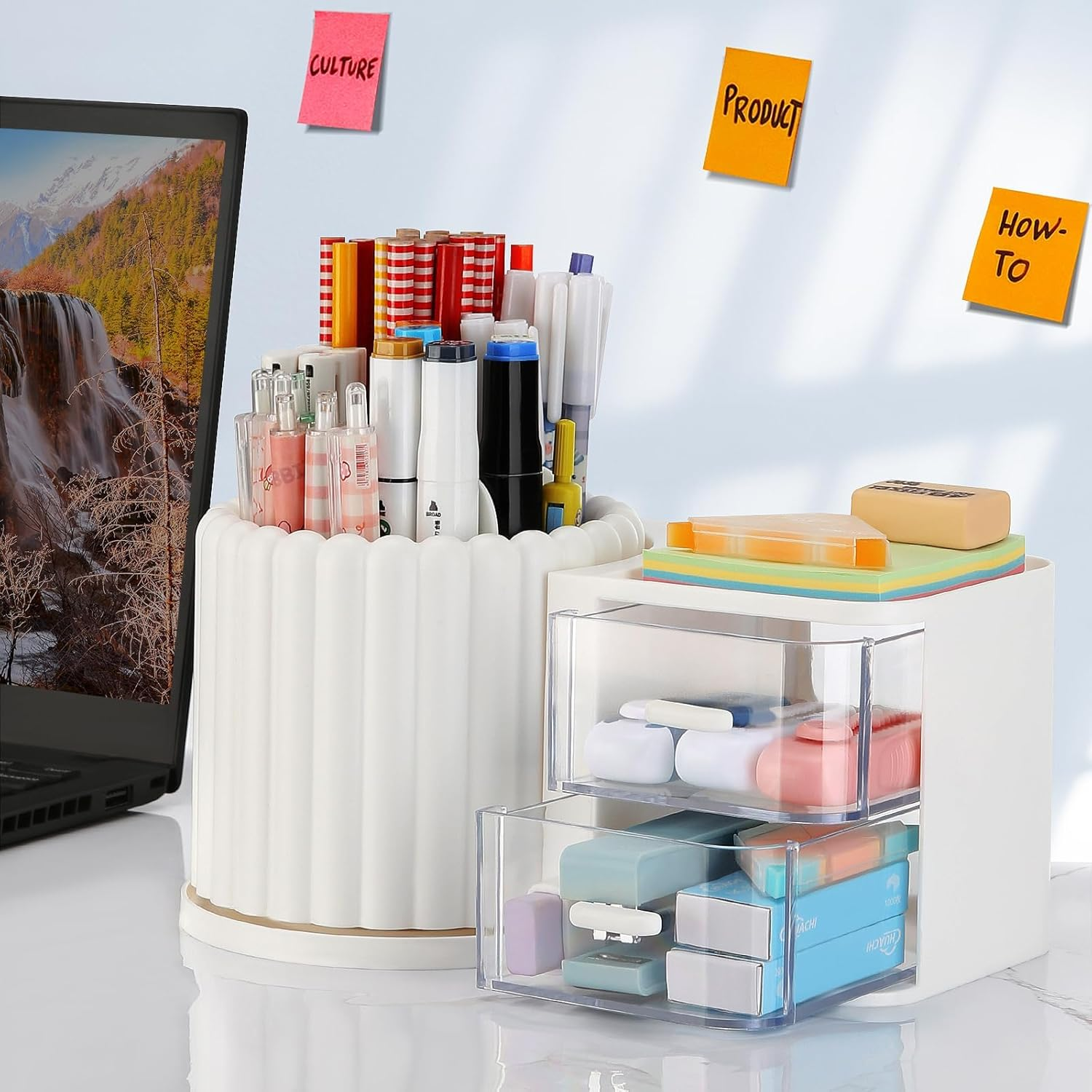 Makeup Organizer Countertop,360 Rotating Makeup Brush Holder 7 Slots Makeup Organizer with Drawer Removable Spinning Cosmetic Storage Pen Holder for Vanity, Dresser, Desk,9.25X5.11Inch,White image number 1