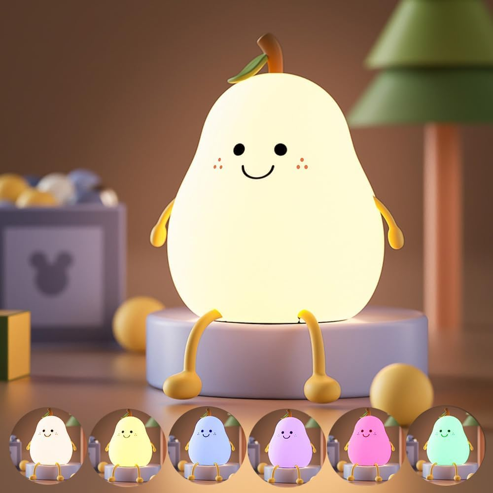 Night Light for Kids, Cute Silicone Pear Lamp,Super Squishy Silicone USB Rechargeable Touch Control 7 Colors Night Lamp, Kids Room Decor,Yellow (Pear) image number 1