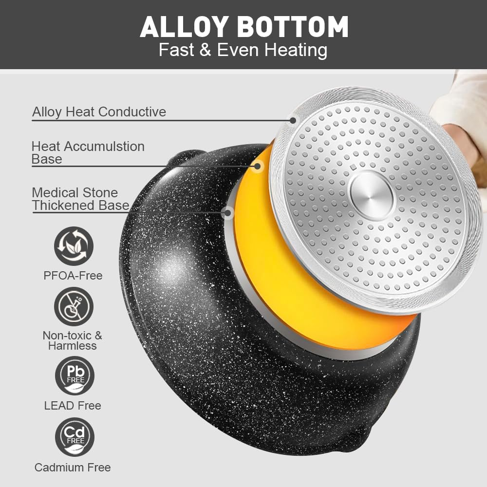 Sonicefit Nonstick Pots and Pans Set, 7PCS Induction Healthy Cookware Set with Saute Pan Saucepan Casserole Frying Pan, Non-Toxic Kitchen Cooking Set for All Stoves, PFAS & PFOA Free (Black-7Pcs) image number 5