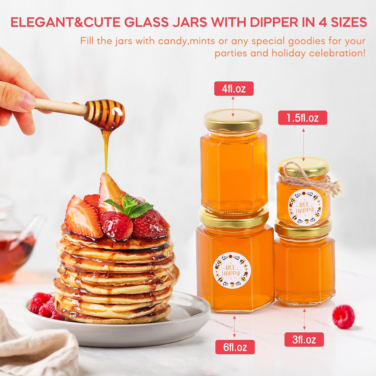 Aurotrends 3Oz Mini Honey Jars with Dipper 30Pack, Glass for Baby Shower Favors/ Wedding Favors Guests Bulk-Mini Wooden Dippers/ Bee Charms/ Thankyou Stickers/ Jute Twine (3Oz-30Pack) ,Gold image number 1