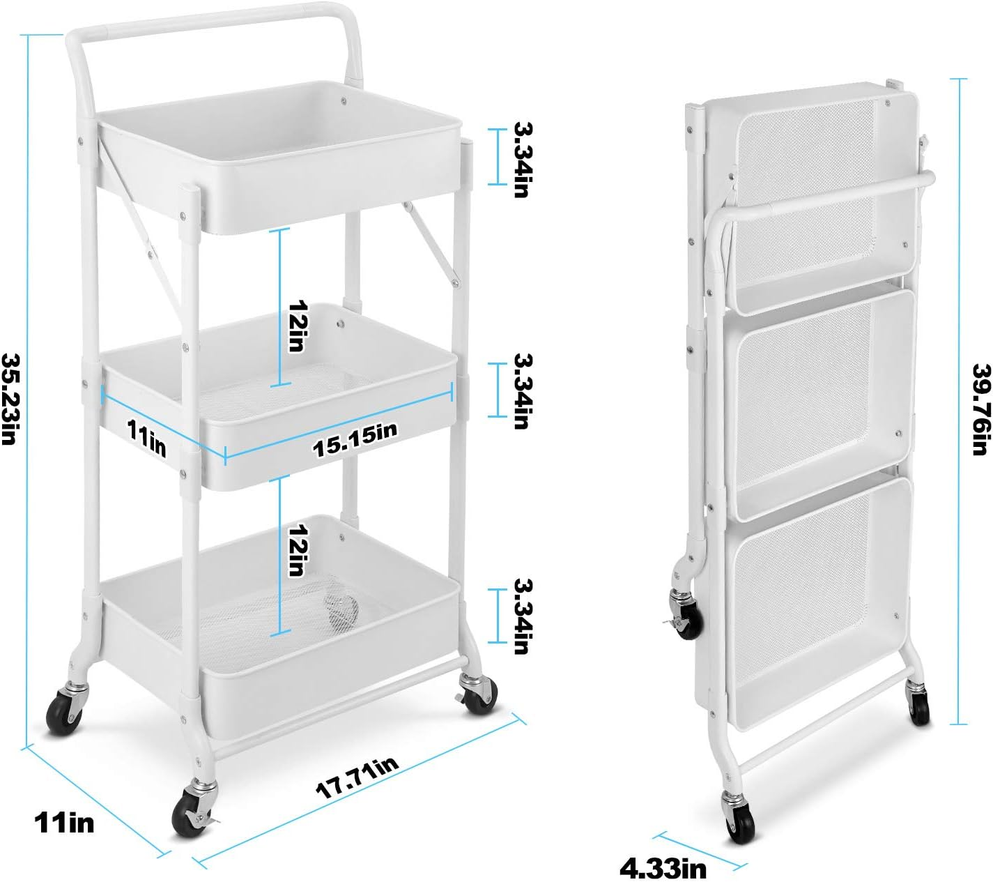 Johgee Foldable 3 Tier Metal Utility Rolling Cart, Folding Mobile Multi-Function Storage Trolley Organizer Cart for Home Library Office(White) image number 5