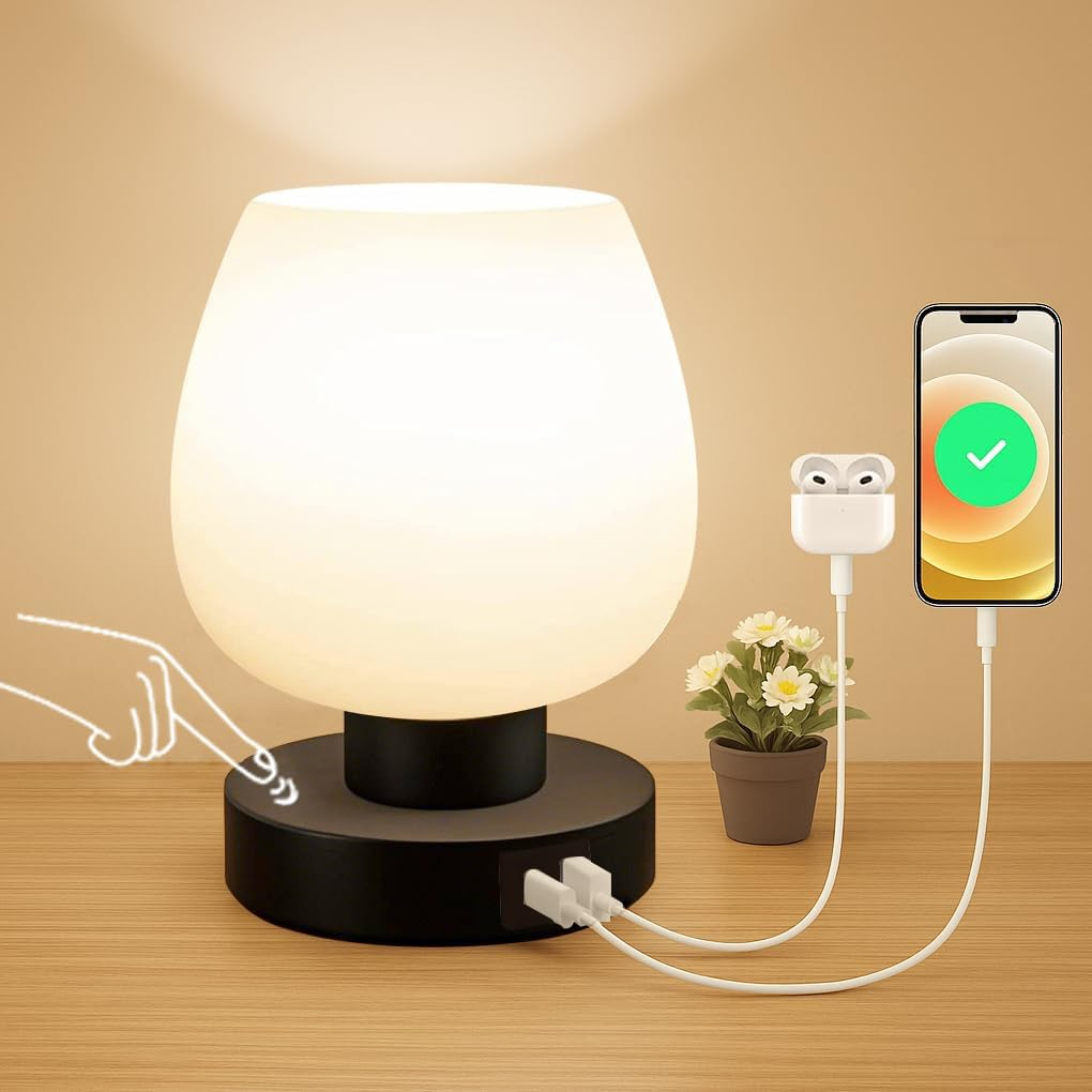 Clora Touch Bedside Table Lamp Modern Lamp for Bedroom Living Room Nightstand Desk Lamp with White Opal Glass Lamp Shade Warm LED Bulb 3 Way Dimmable