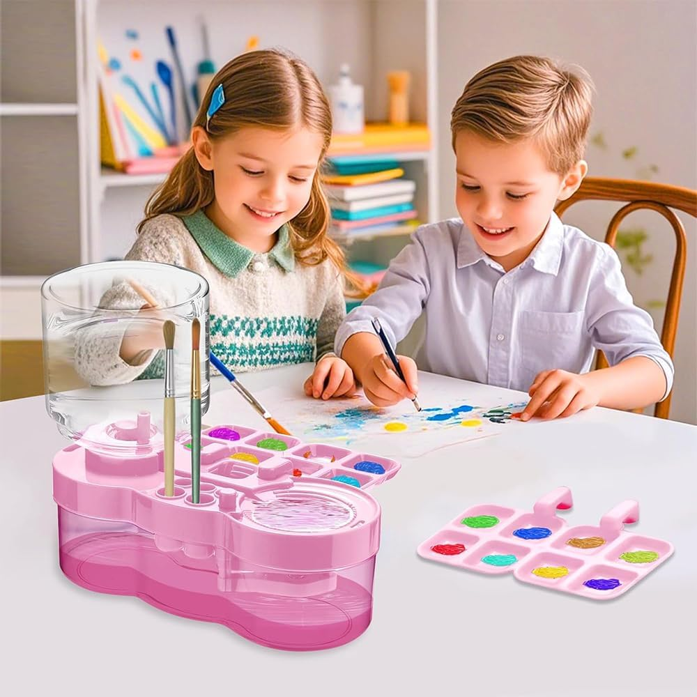 1 PCS Pink Transparent Paint Brush Cleaner Tool,Universal Crafts Water Cycle Watercolor Brushes Rinse Dispenser with Holder and Palette,Washing My Brush,Painting Art Supplies for Artist Beginner Kid image number 1