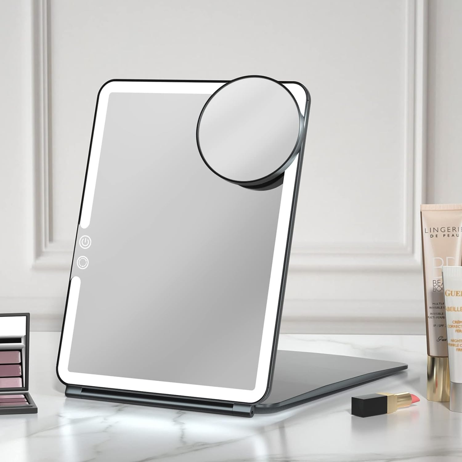 FUNTOUCH 2500Mah Large Rechargeable Travel Makeup Mirror with Lights, Portable Makeup Mirror with 10X Magnifying Mirror 3 Lighting Modes, Tabletop Folding Travel Mirror with PU Leather Cover (Pink)